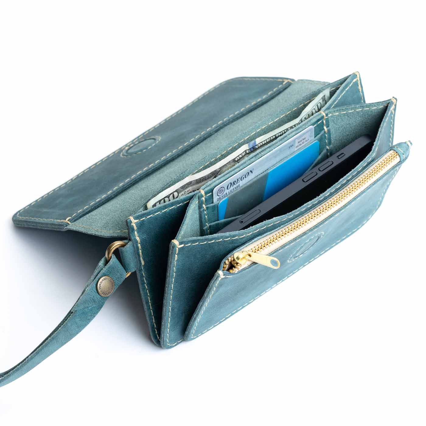 Aqua | Leather wallet clutch with wristlet and magnetic closure