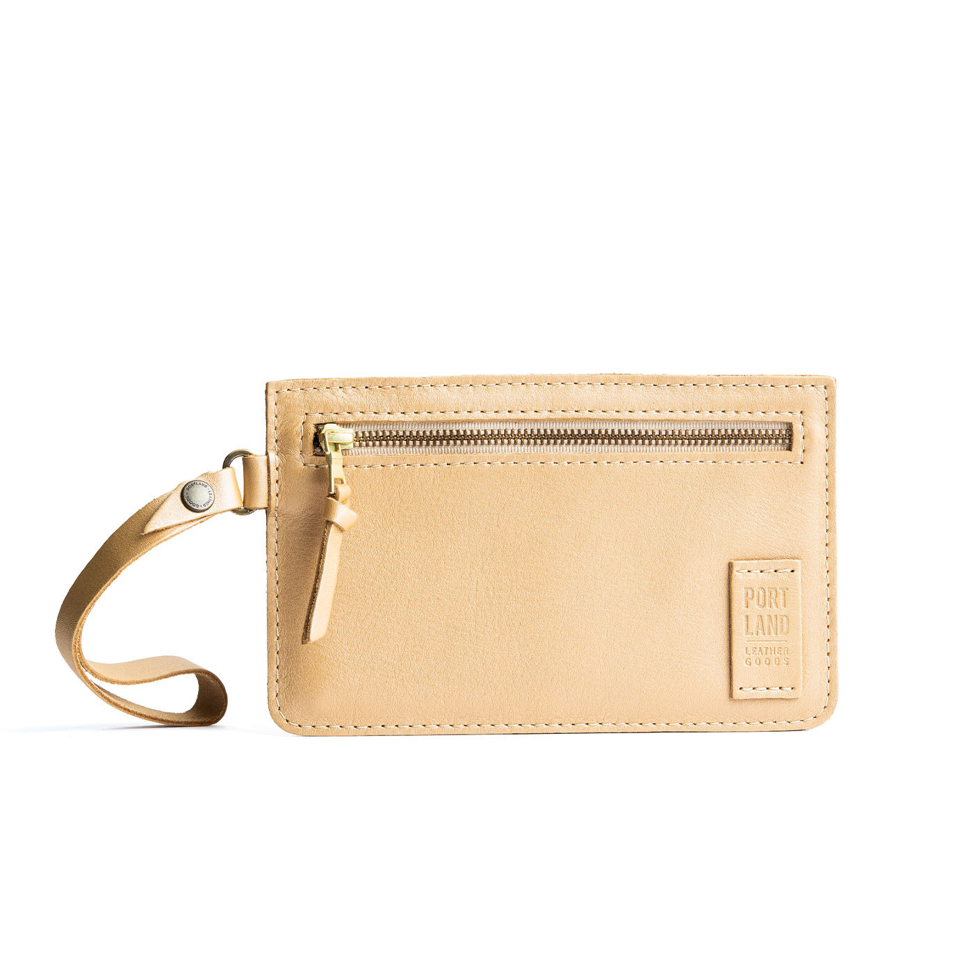 Champagne | Flat leather pouch with zipper and wristlet