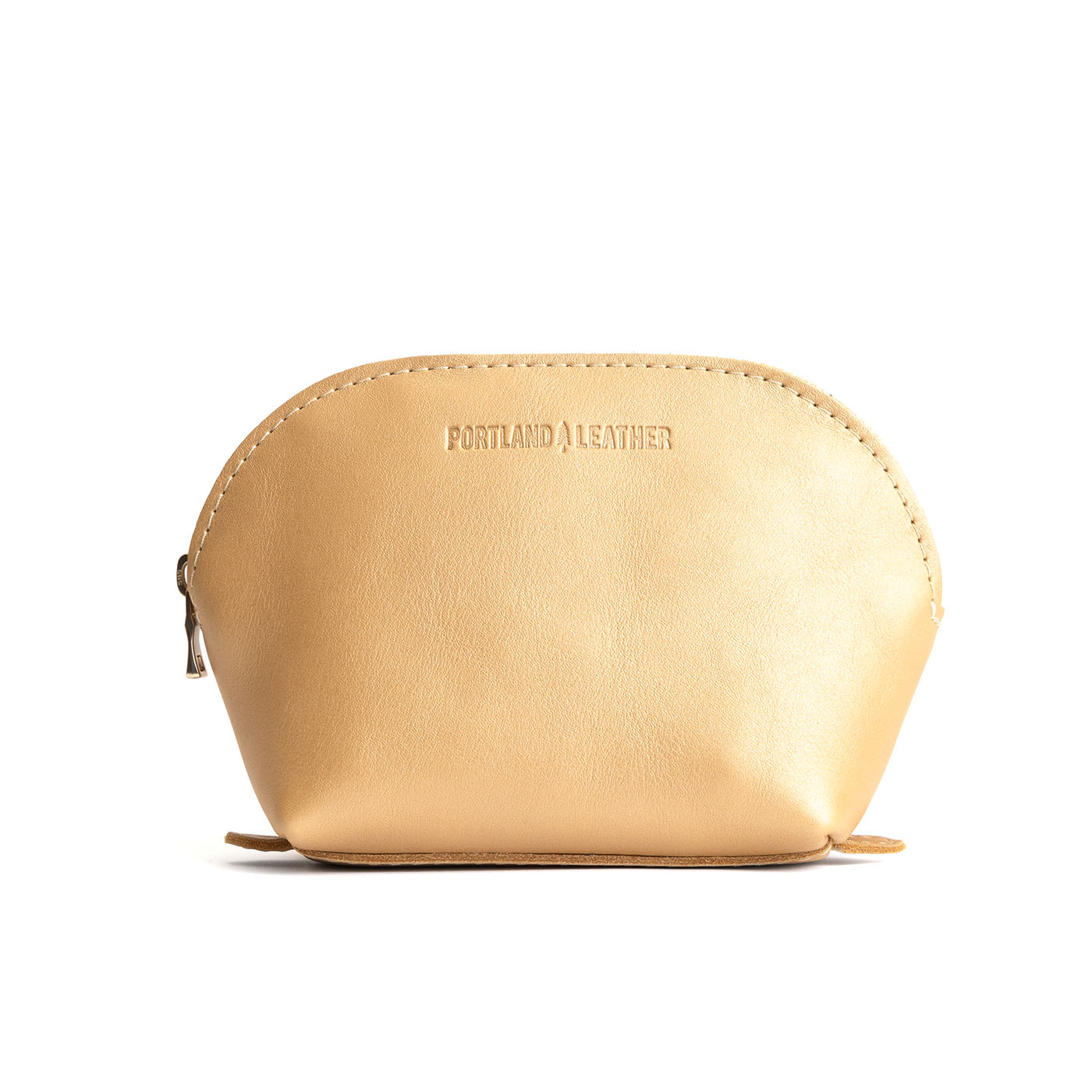 Champagne*Bella | Leather makeup bag with curved top zipper and flat bottom