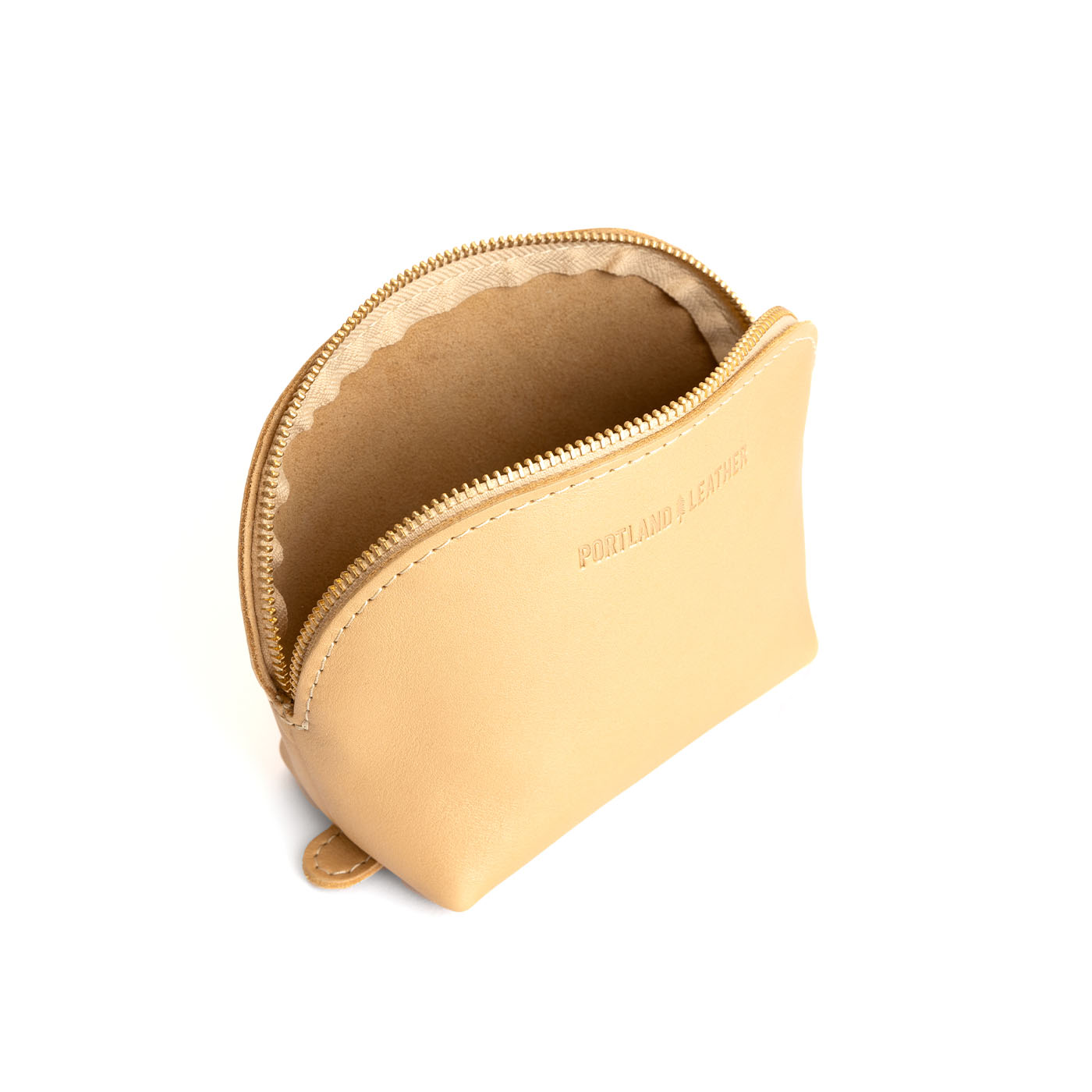 Champagne Bella | Leather makeup bag with curved top zipper and flat bottom