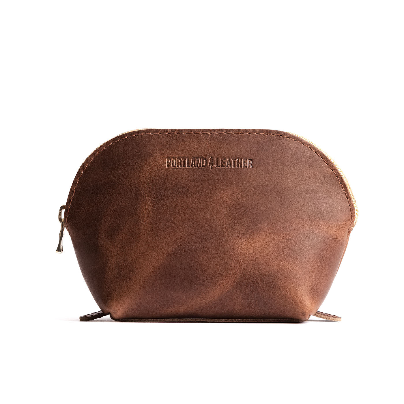 English Tan Bella | Leather makeup bag with curved top zipper and flat 