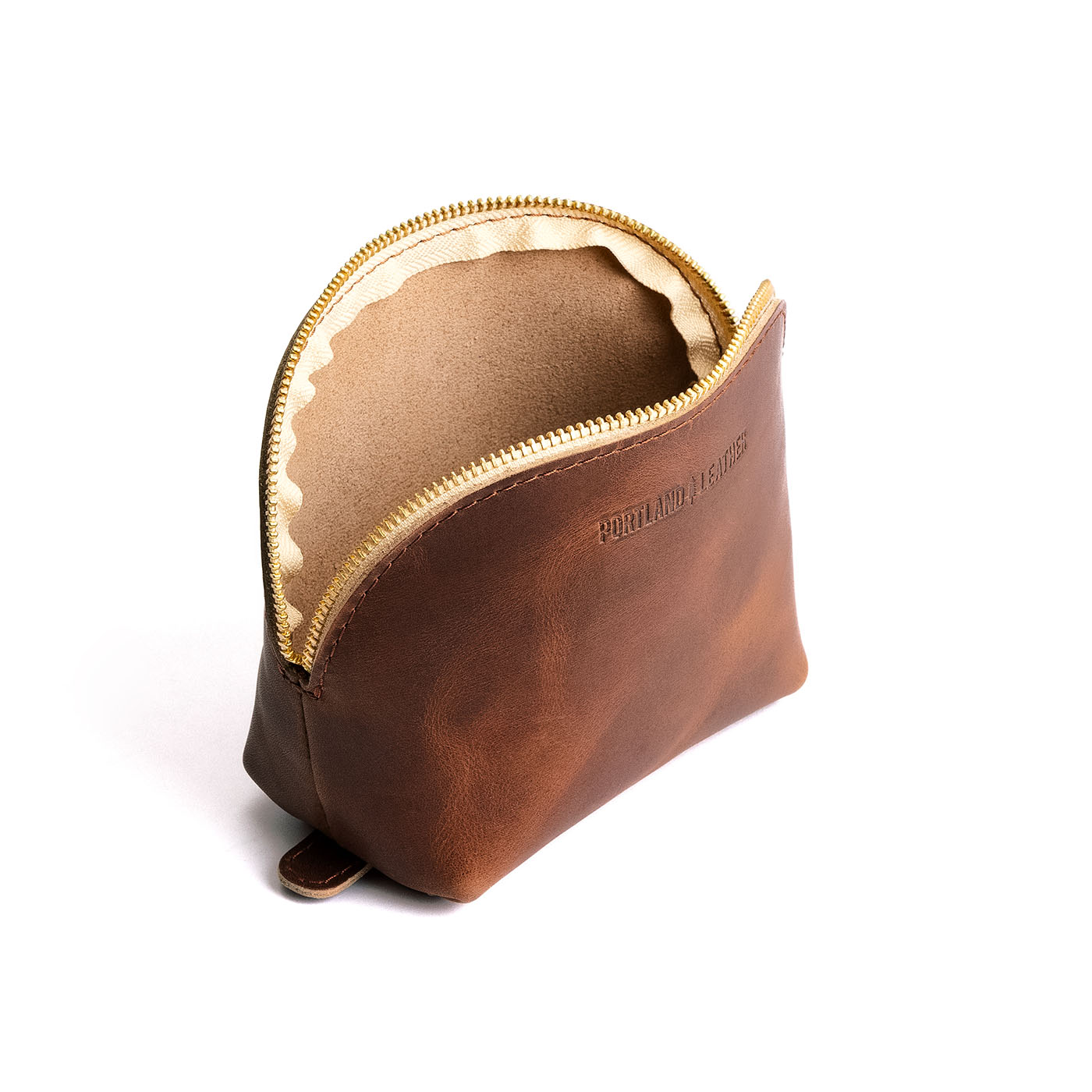 English Tan*Bella | Leather makeup bag with curved top zipper and flat 