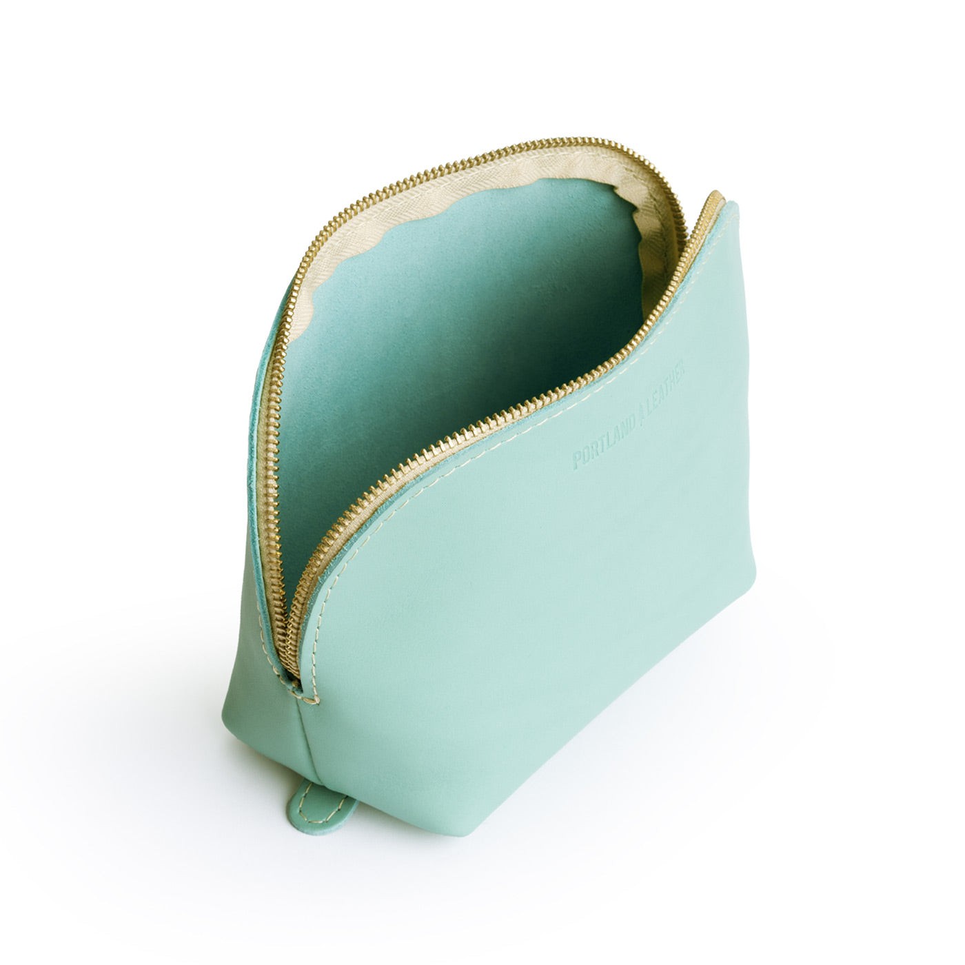 Mint Belladonna | Leather makeup bag with curved top zipper and flat bottom