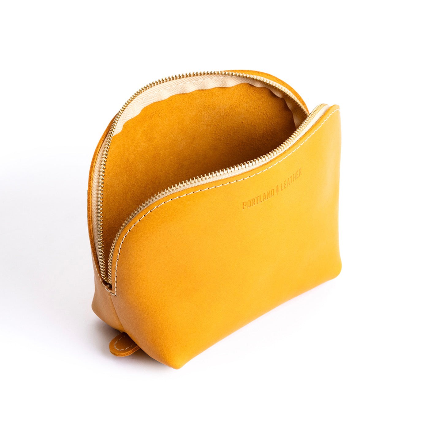 Sunflower | Leather makeup bag with curved top zipper and flat bottom