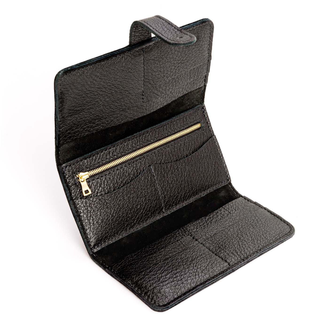 Pebbled--black | Leather wallet with Sam Browne closure open