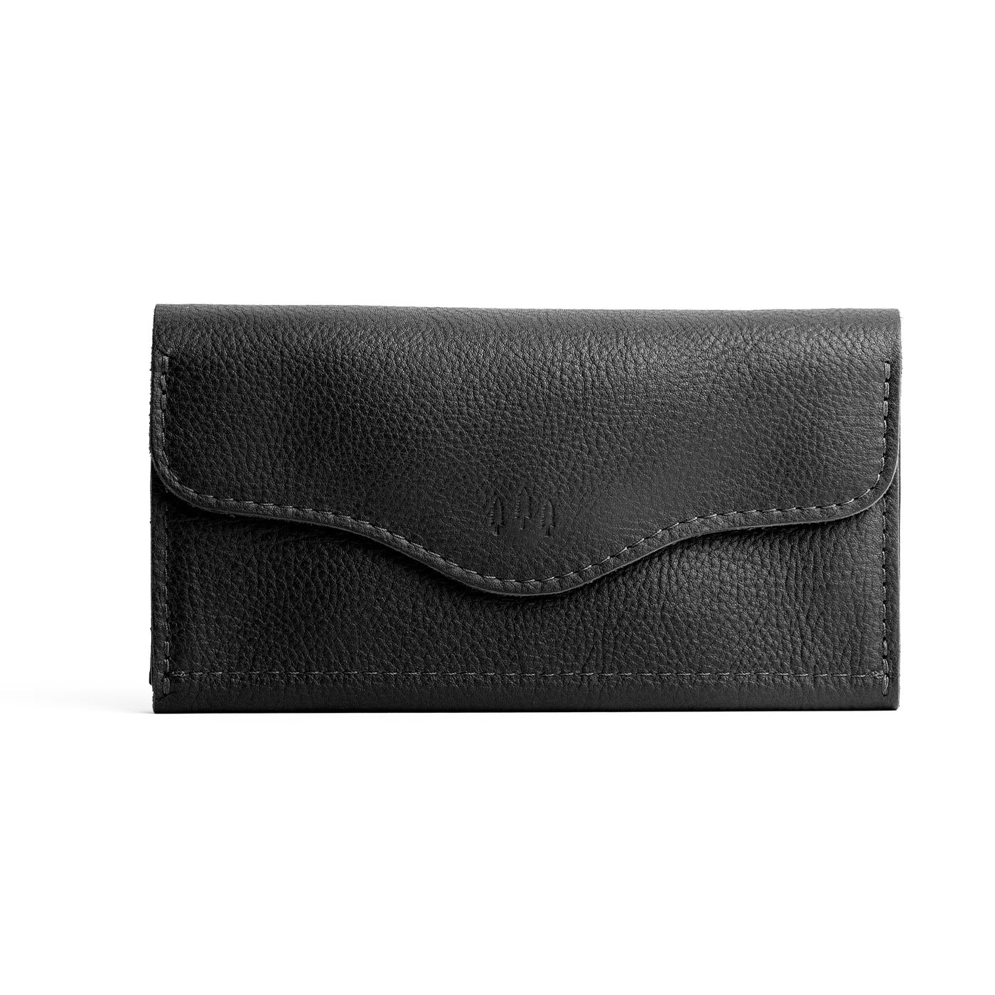 Pebbled--black | Large leather wallet with snap closure and three trees debossed