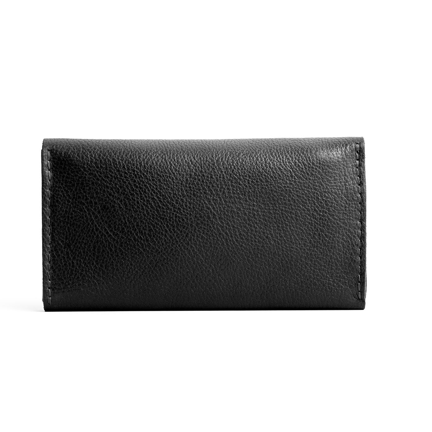 Pebbled--black | Backside of large leather wallet with snap closure