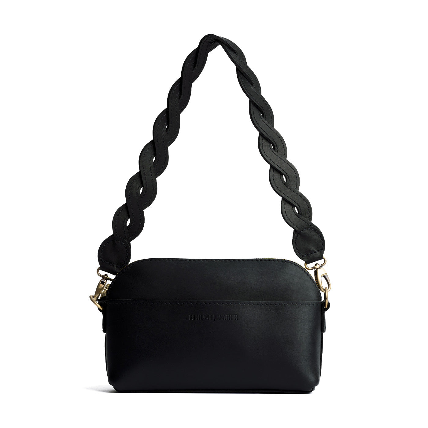 Black | Woven leather shoulder strap with swivel lobster clasps shown on Eclipse Purse