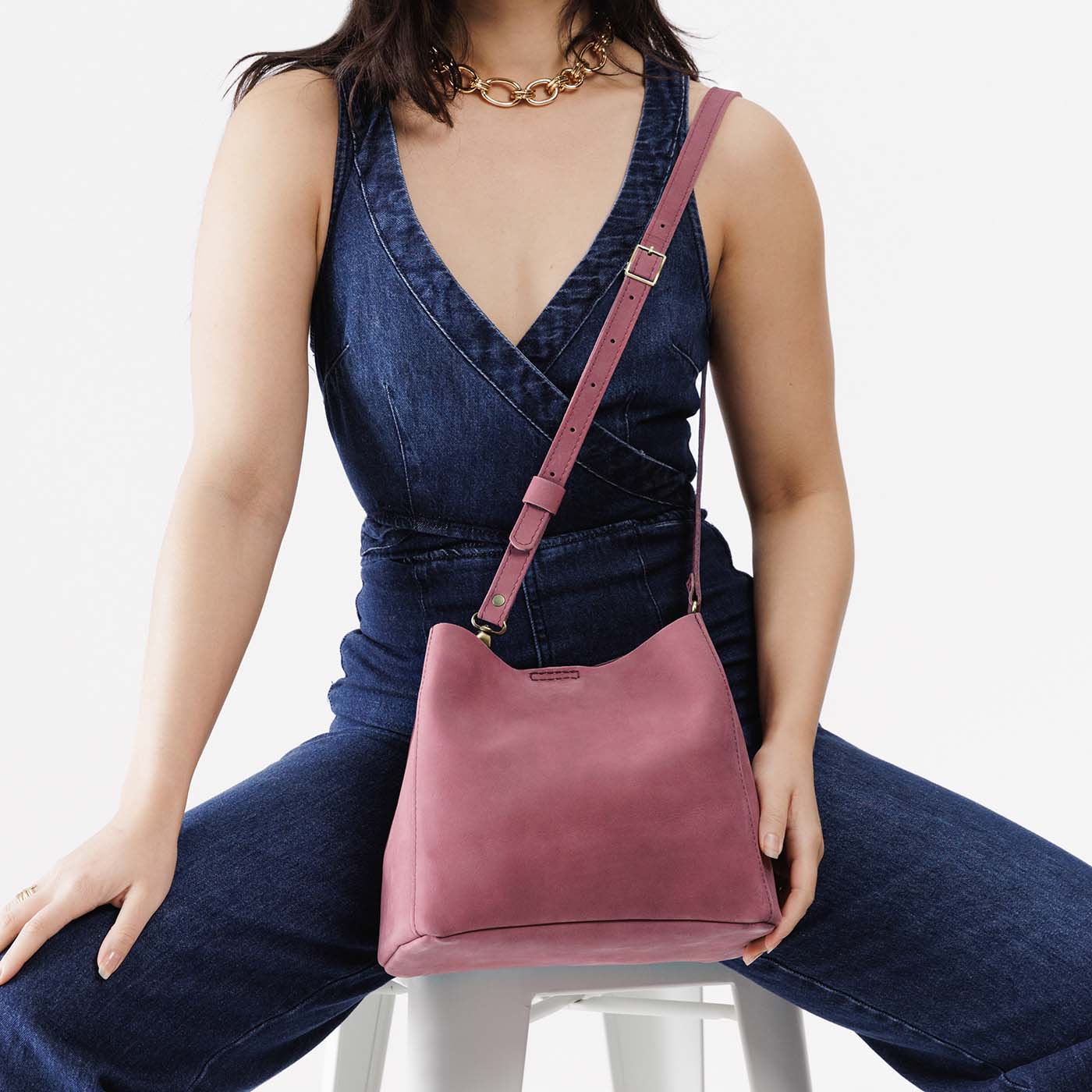 Foxglove | symmetrical bucket bag with latch closure and removable crossbody strap