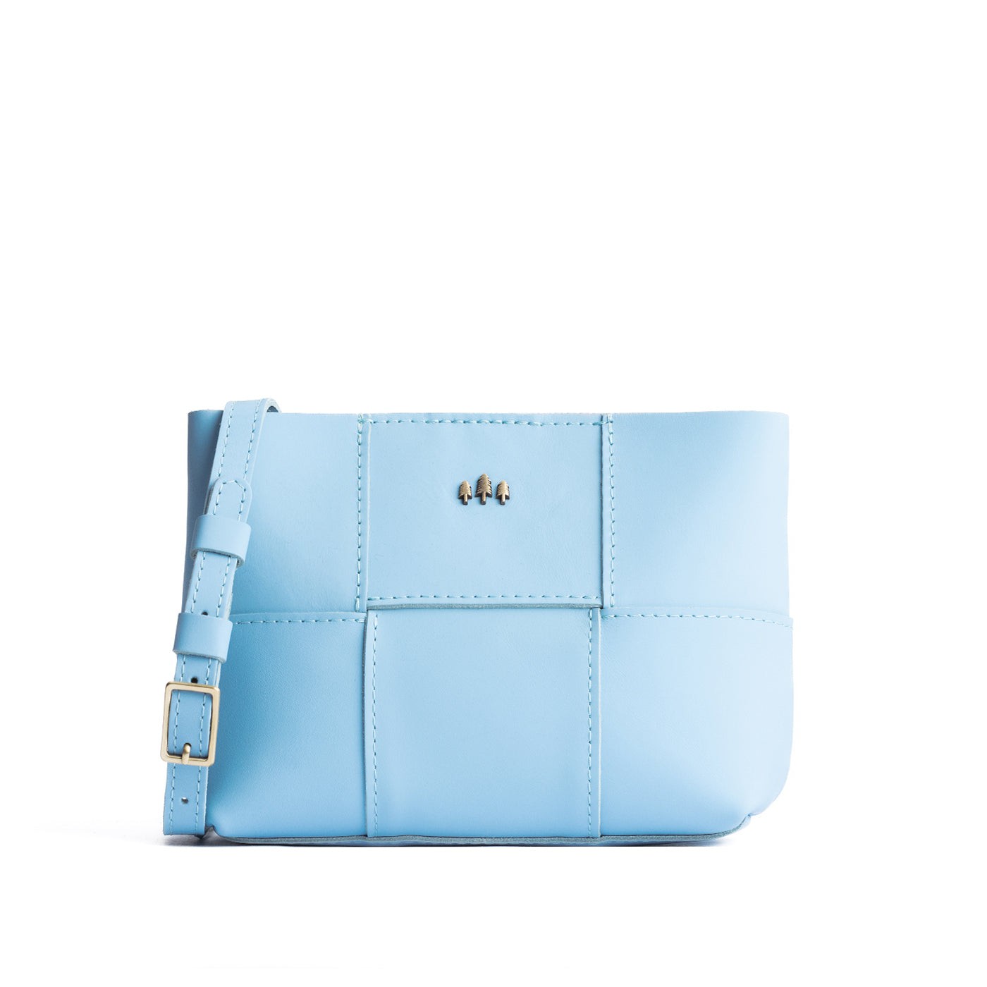 Glacial Blue*Small | Structured woven leather bag with three metal tree emblems and crossbody strap