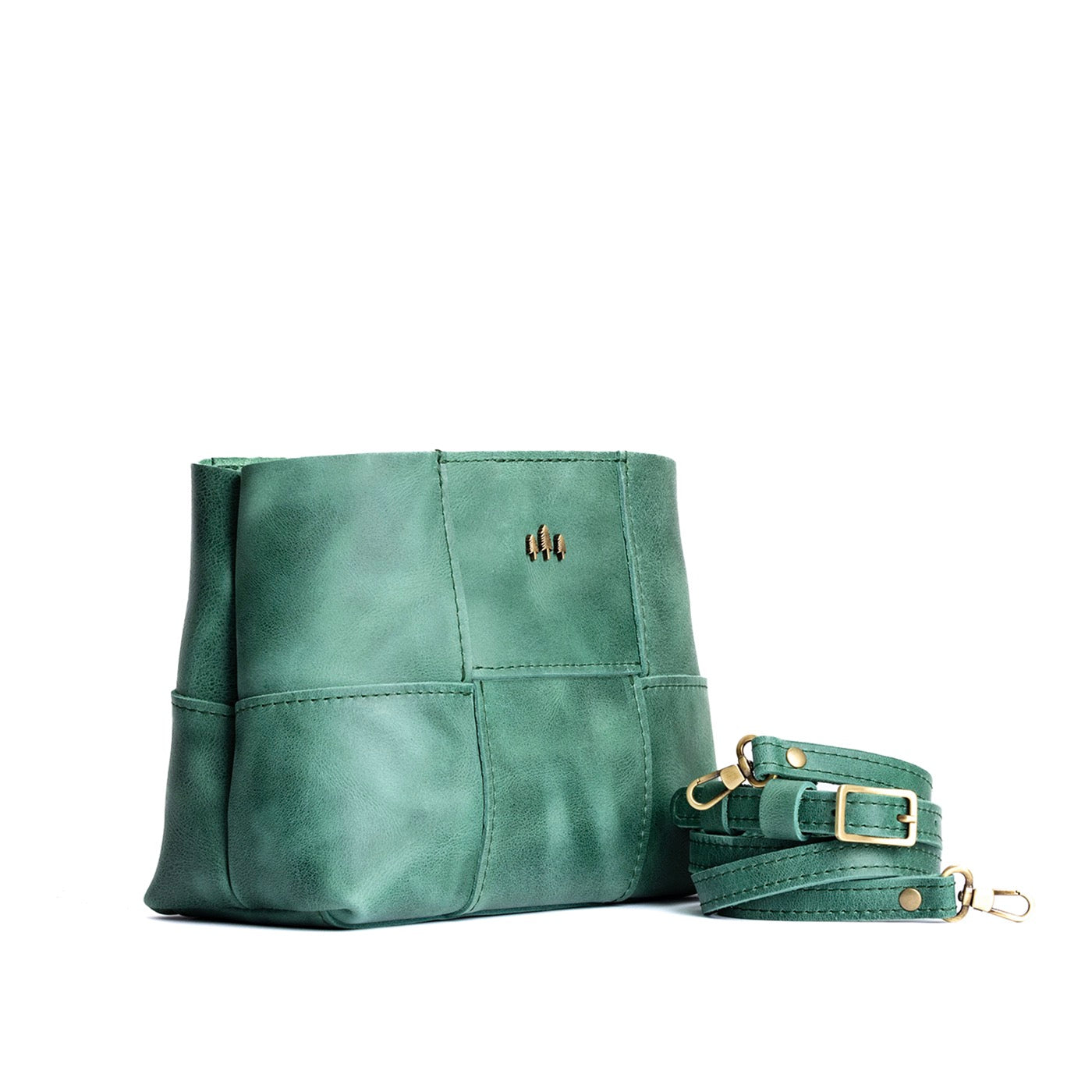 Surf*Small | Structured woven leather bag with three metal tree emblems and crossbody strap