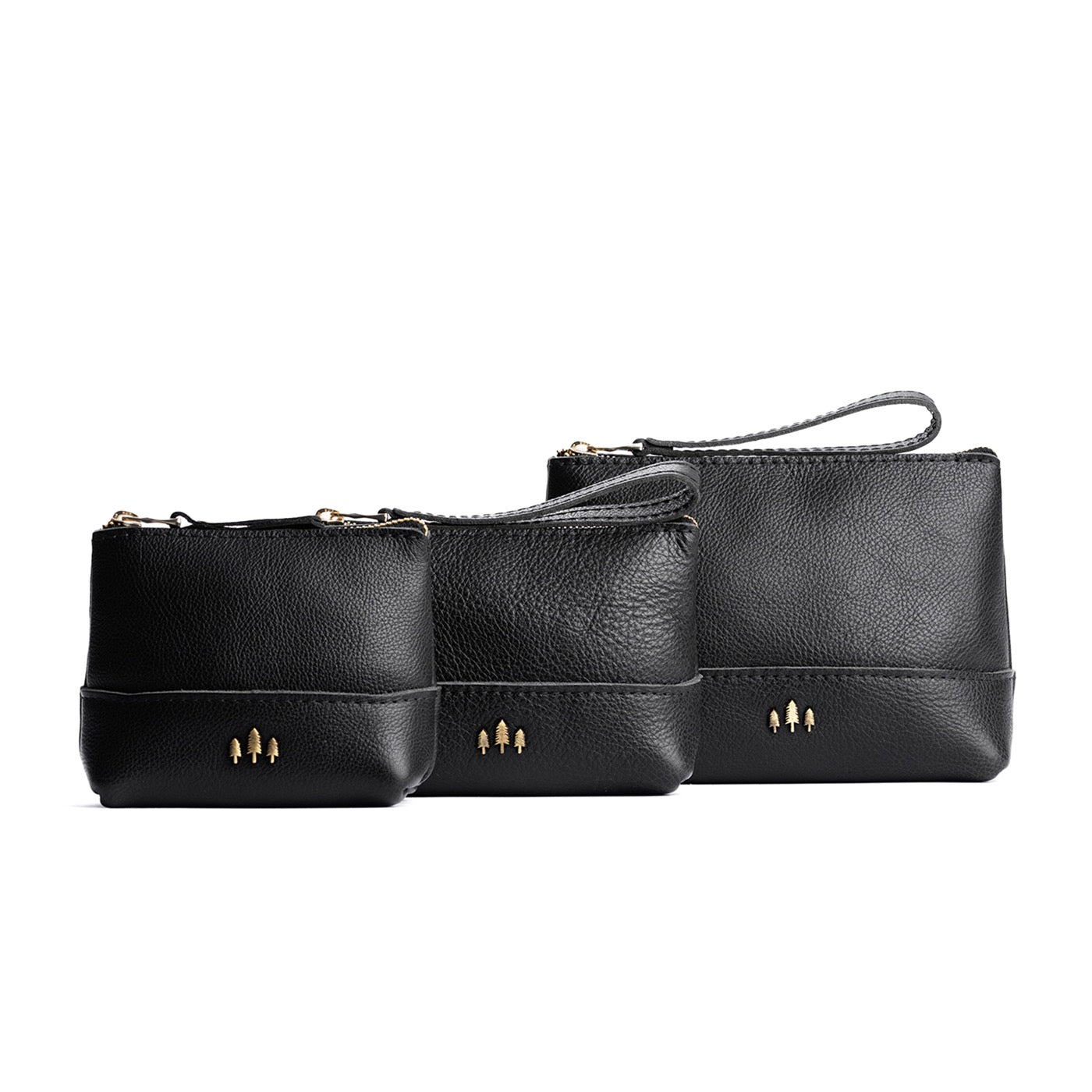 Pebbled--black | Three sizes of zip top rectangular pouch with wide base and narrow top