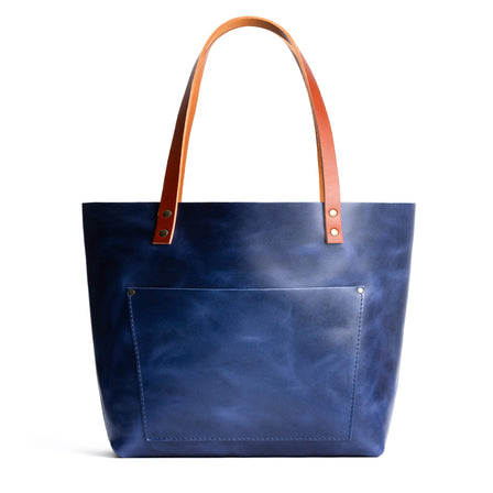 Cowboy Blue*Zipper | Large leather tote bag with sturdy bridle handles and front pocket