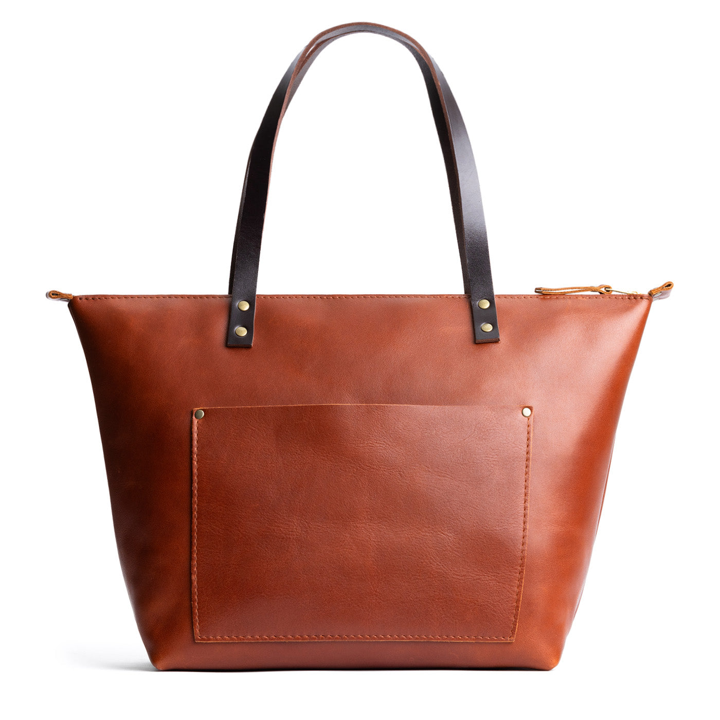 Chestnut Zipper | Large leather tote bag with sturdy bridle handles and front pocket