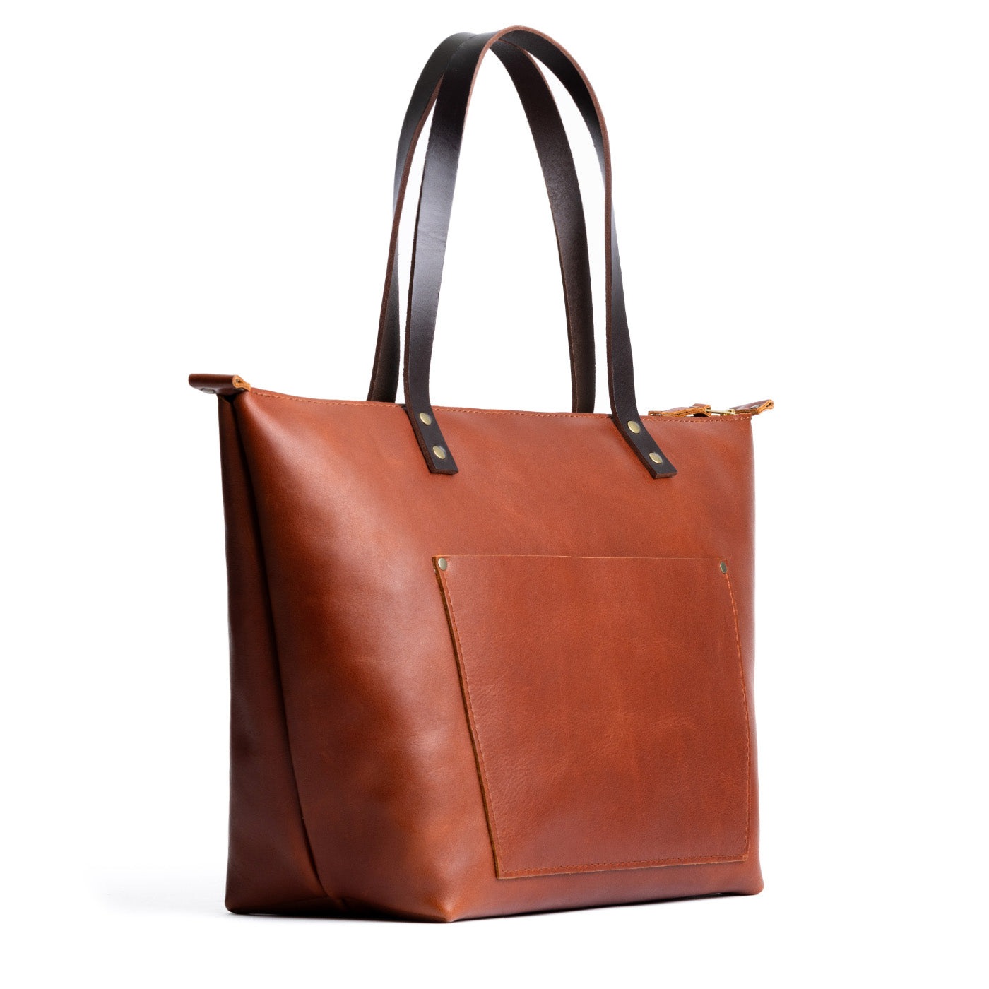 Chestnut*Zipper | Large leather tote bag with sturdy bridle handles and front pocket