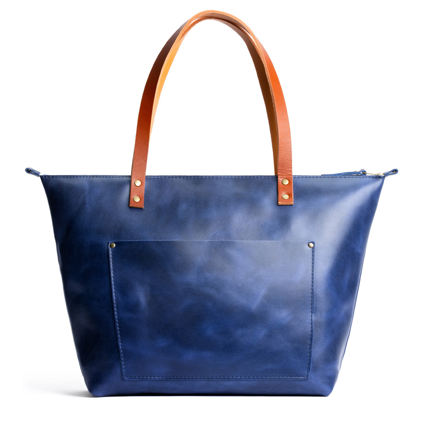 Cowboy Blue Zipper | Large leather tote bag with sturdy bridle handles and front pocket