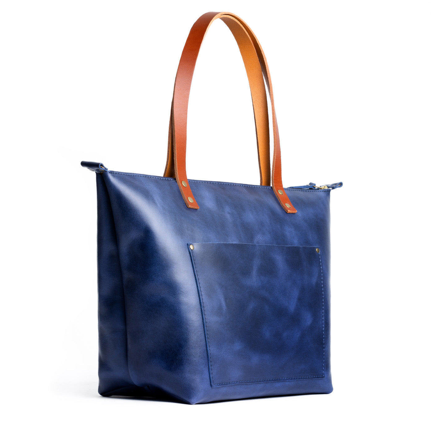 Cowboy Blue Zipper | Large leather tote bag with sturdy bridle handles and front pocket