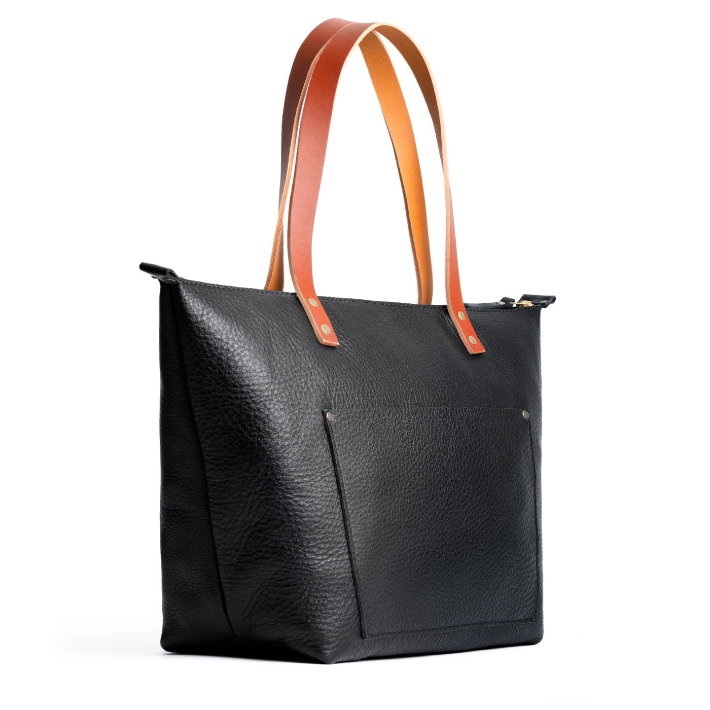 Pebbled--black*Zipper | Large leather tote bag with sturdy bridle handles and front pocket