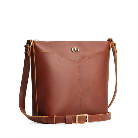 Chestnut | Rectangular side bag with curved front pocket and metal tree shaped badge