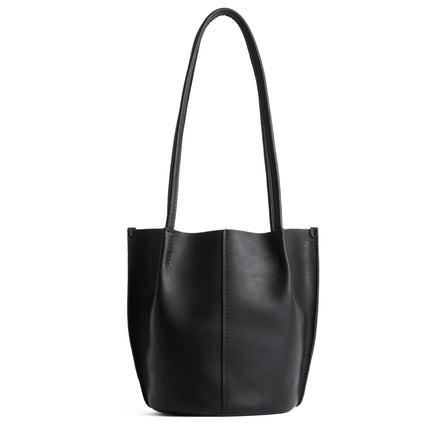 Black*Large | Wide bucket shaped tote bag with matching leather handles