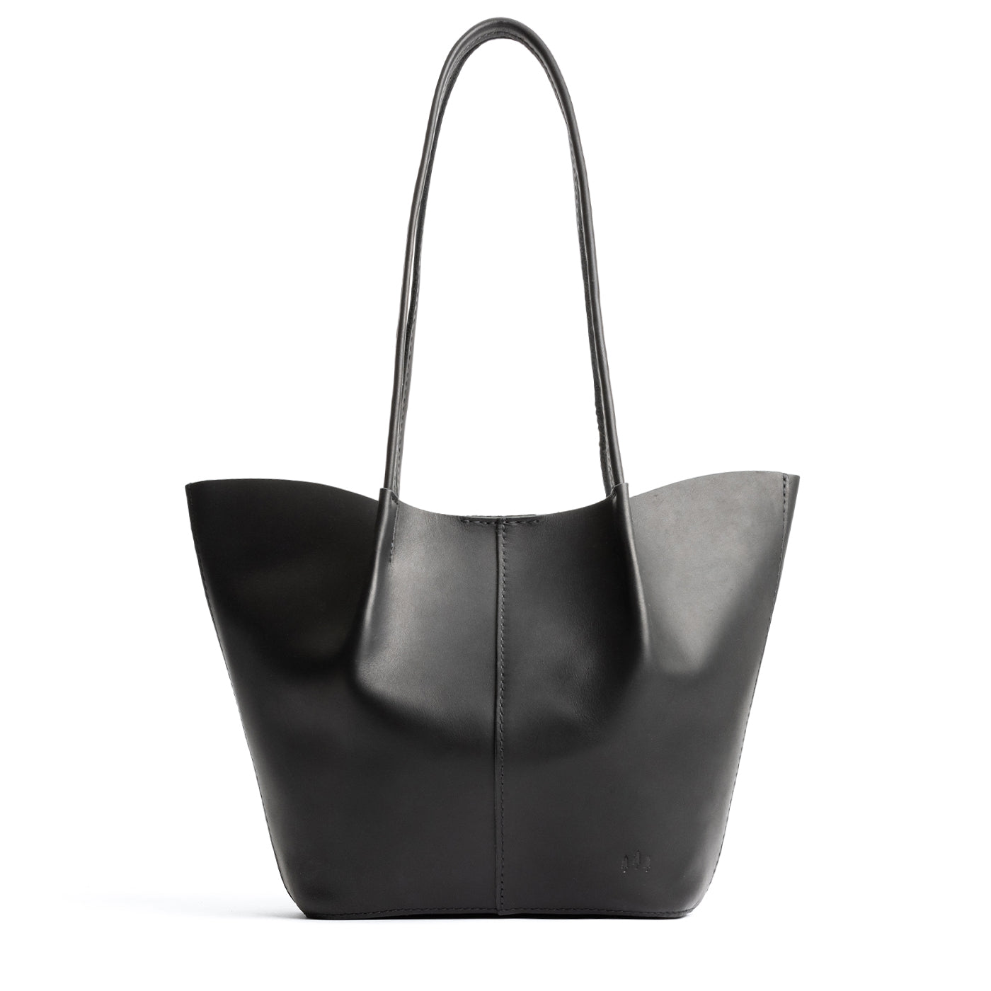 Black Large | Wide bucket shaped tote bag with matching leather handles