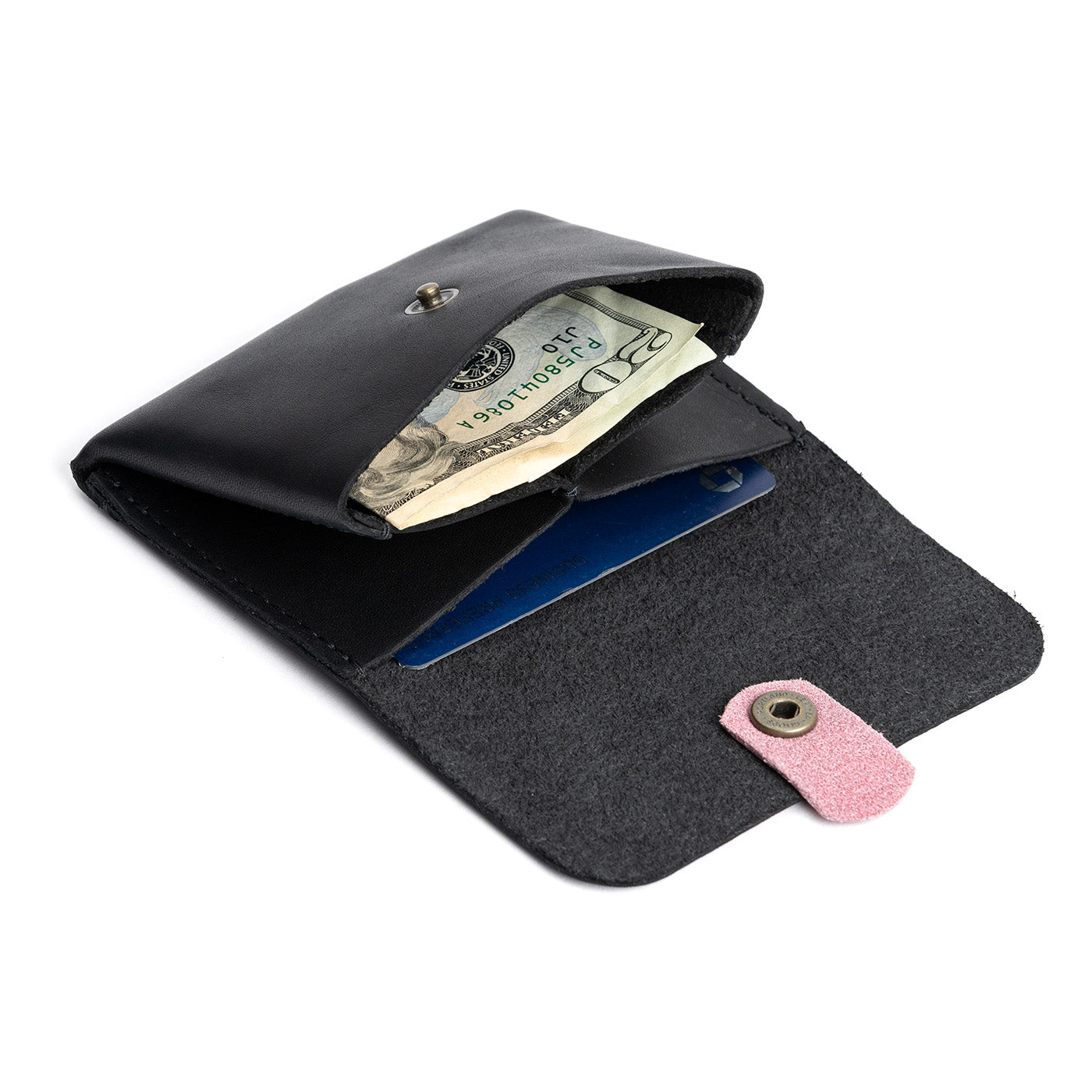 Black | Open envelope snap wallet with contrast pull tab