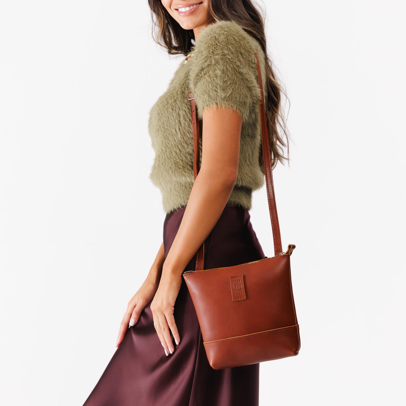 Chestnut | Small rectangular crossbody purse with top zipper and interior pocket