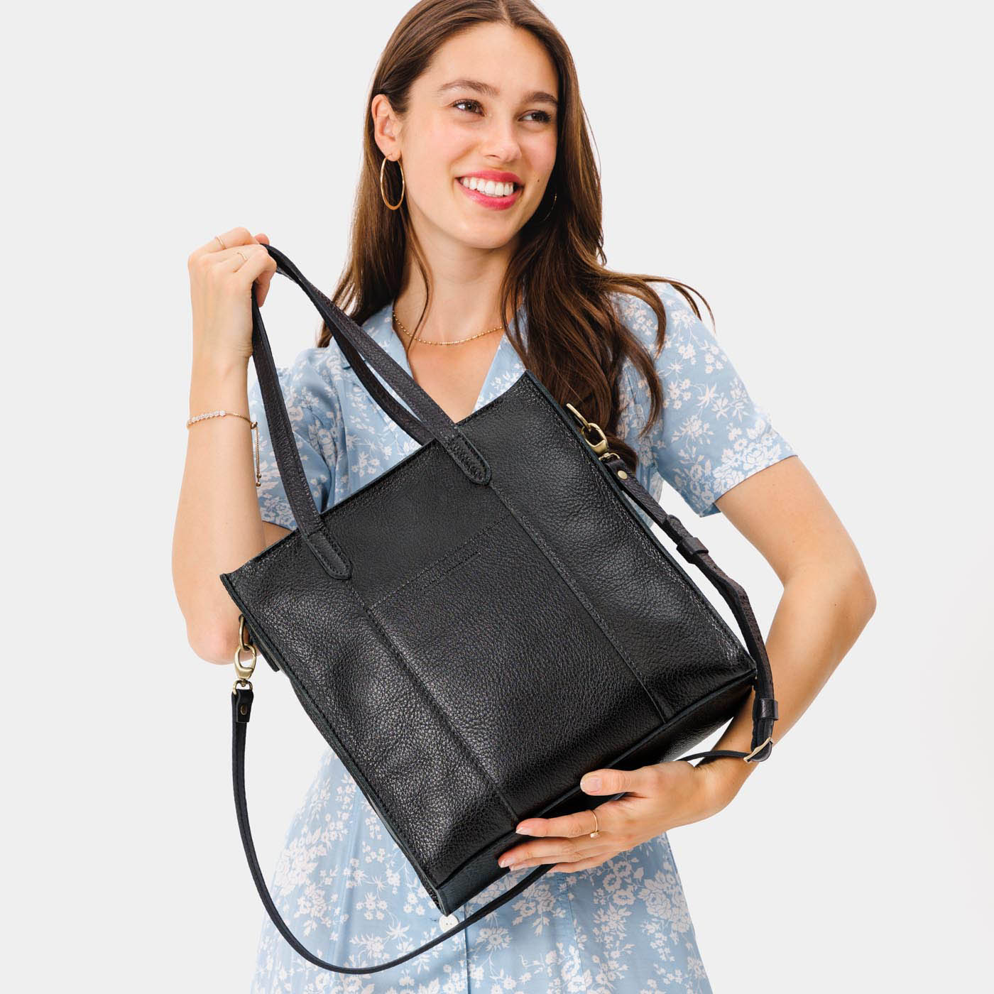  Pebbled--black*North/South  | Structured large tote bag with overlapping panels and crossbody strap