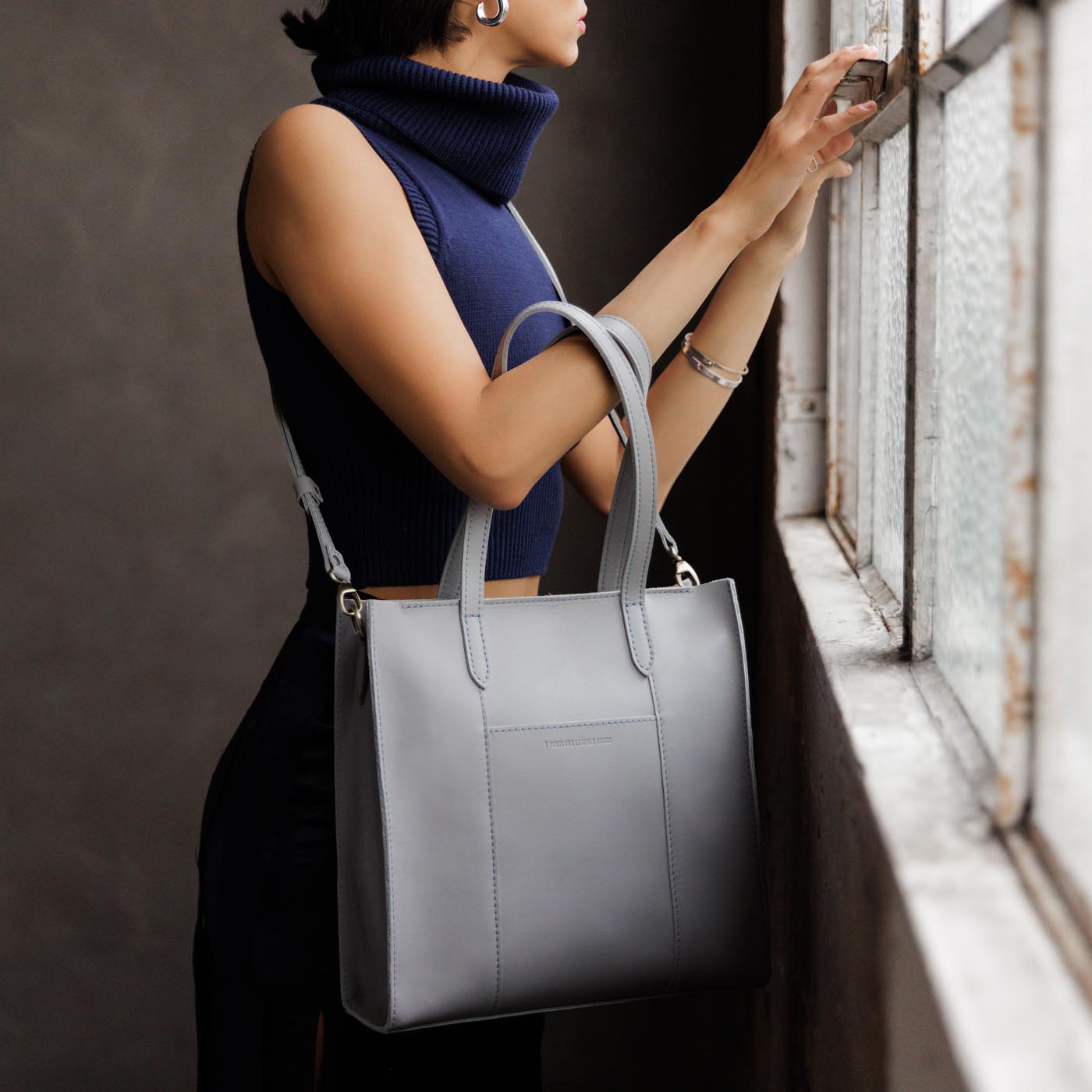 Formal Grey North/South  | Structured large tote bag with overlapping panels and crossbody strap