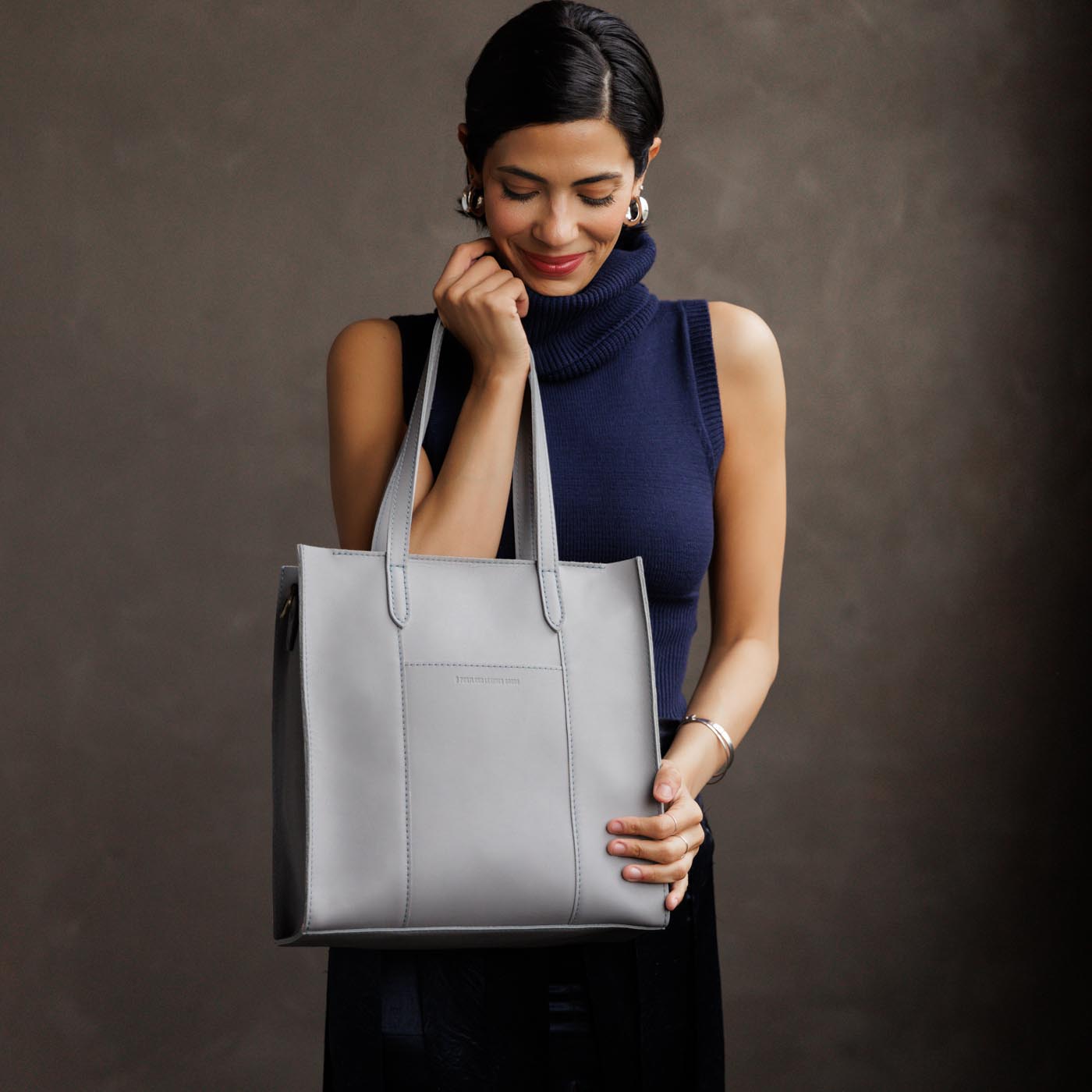 Formal Grey*North/South  | Structured large tote bag with overlapping panels and crossbody strap