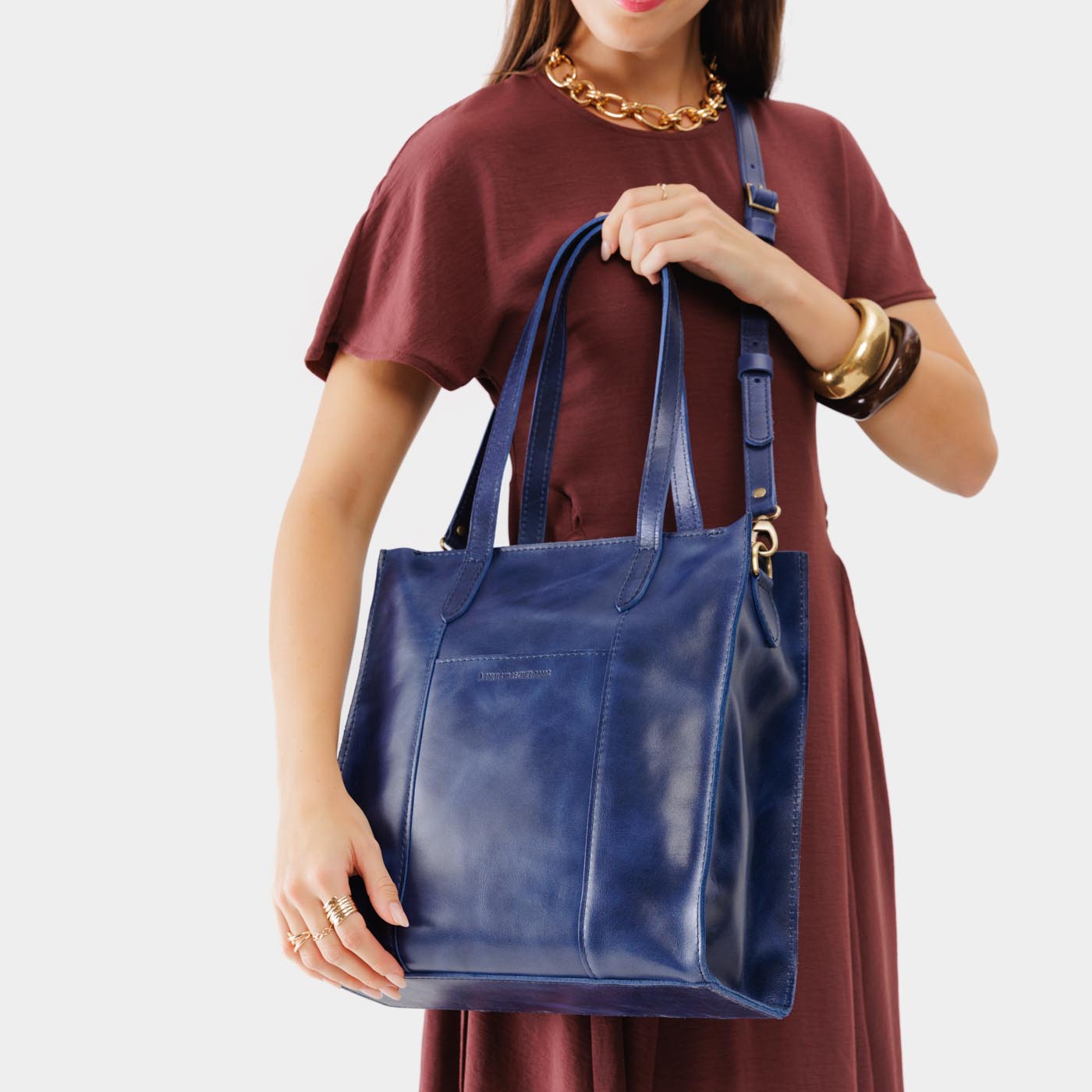 Cowboy Blue North/South  | Structured large tote bag with overlapping panels and crossbody strap