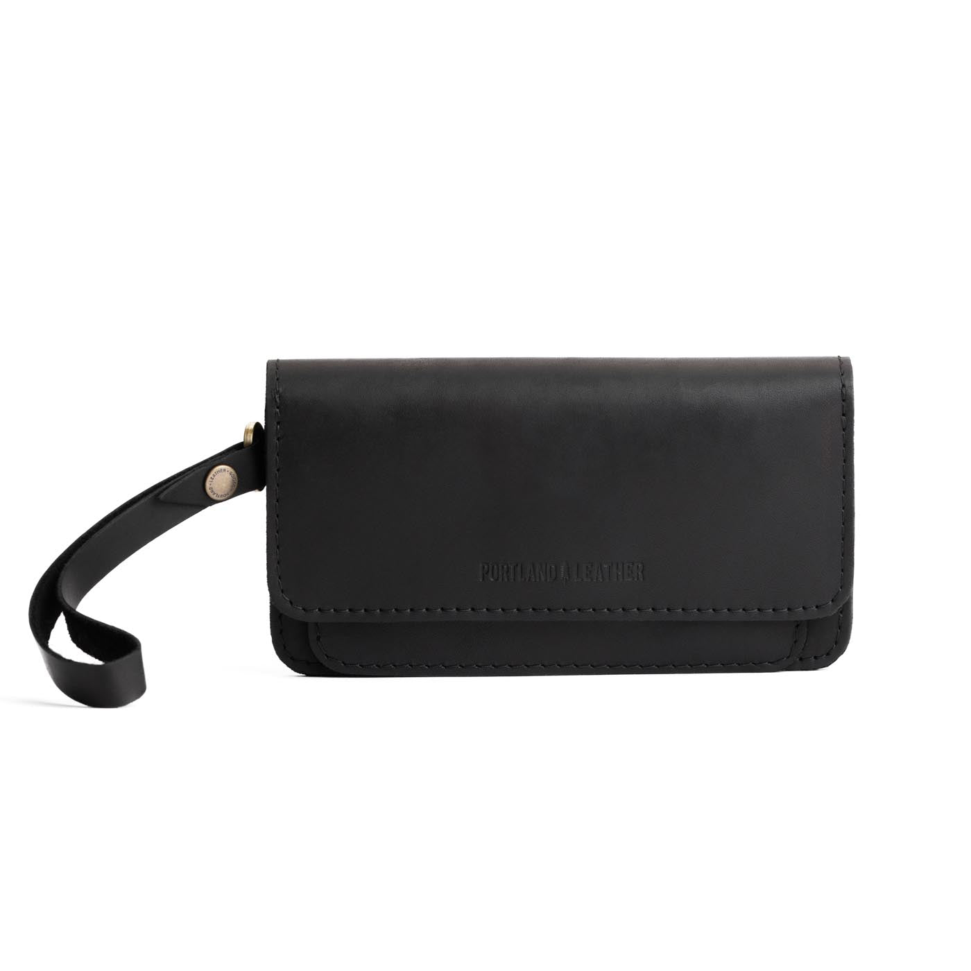 Black | Leather wallet clutch with wristlet and magnetic closure