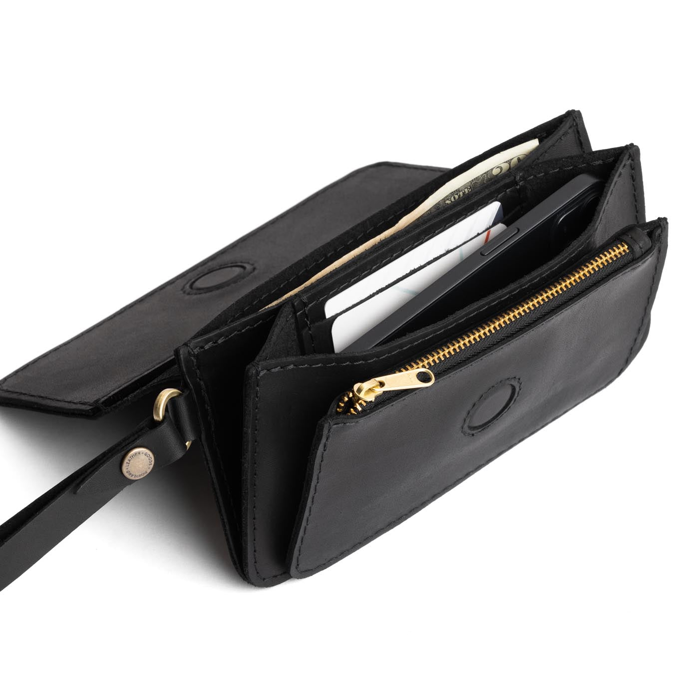 Black | Leather wallet clutch with wristlet and magnetic closure