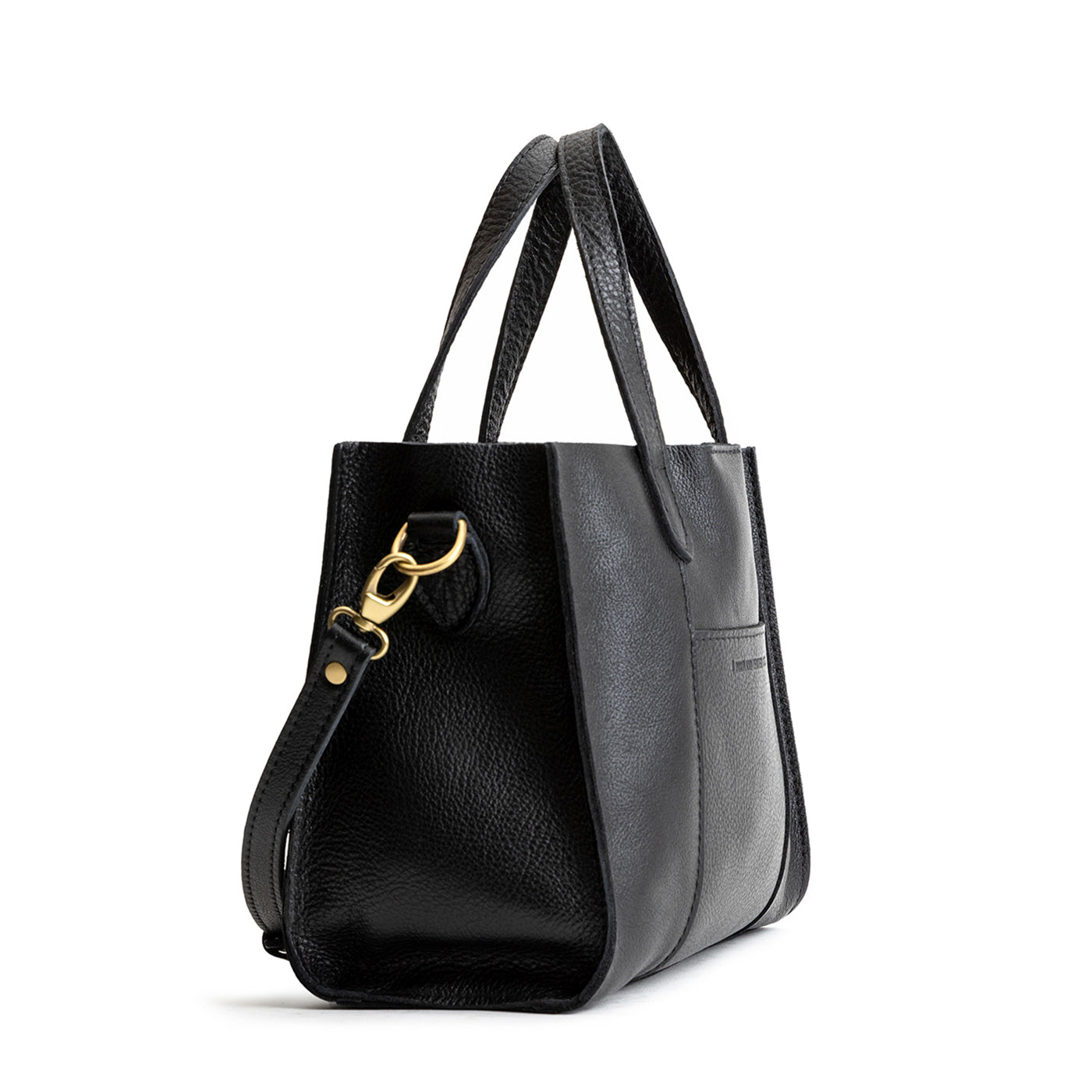 Pebbled--black | Structured mid-size tote bag with overlapping panels and crossbody strap