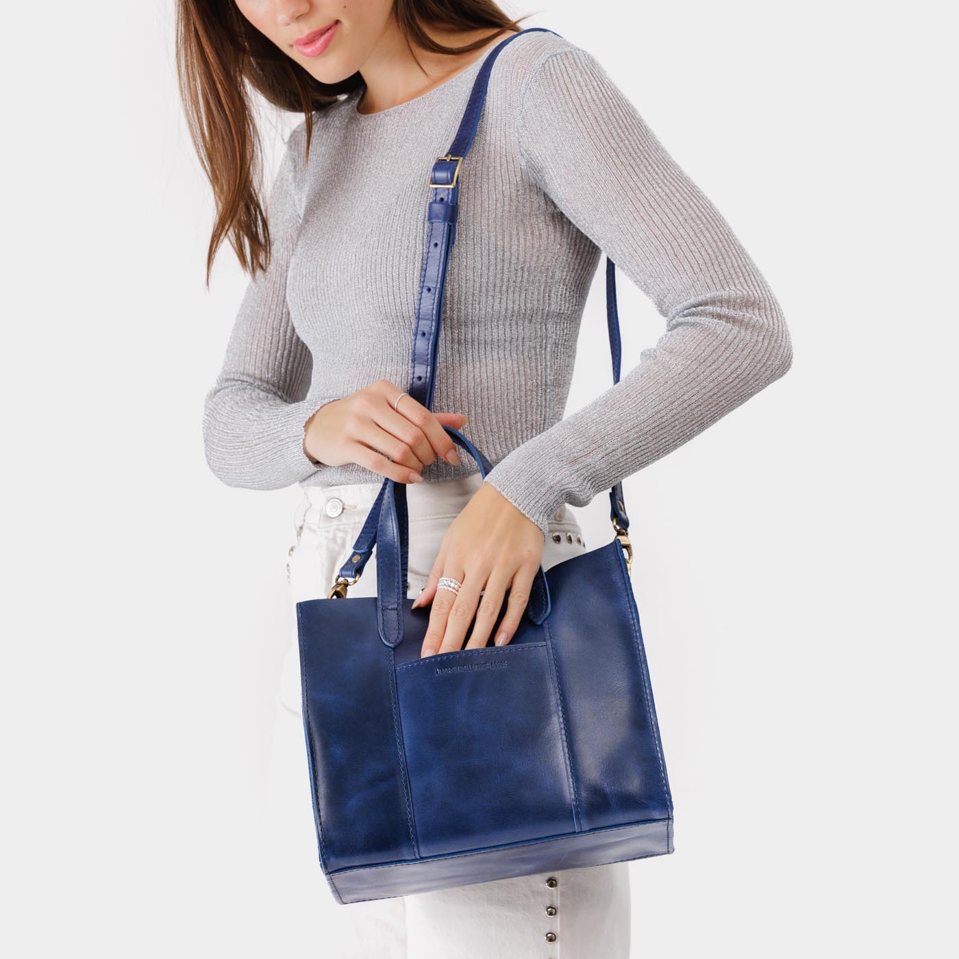 Cowboy Blue | Structured mid-size tote bag with overlapping panels and crossbody strap