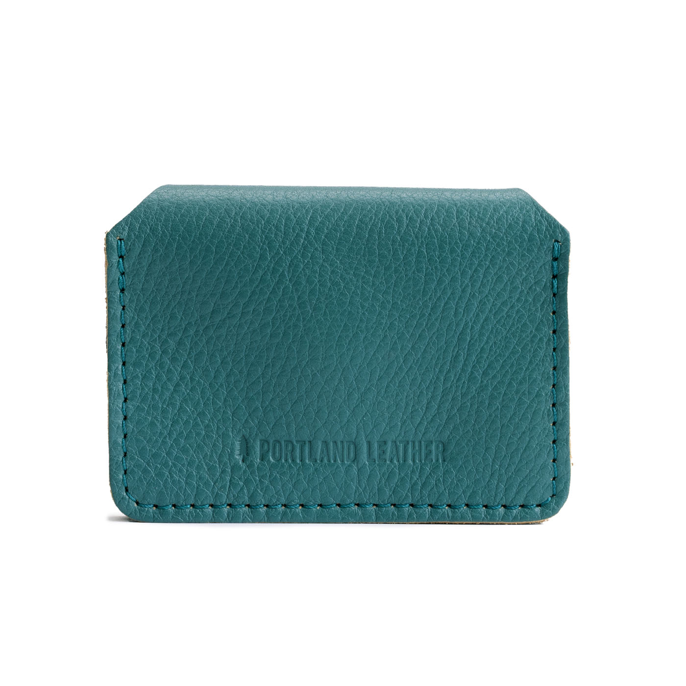 Turquoise | Backside of small leather wallet with debossed PLG logo