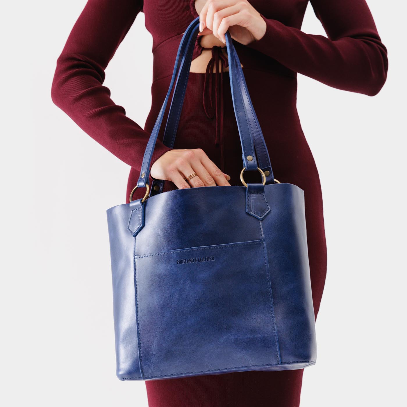 Cowboy Blue | Medium tote bag with antiqued brass toned hardware and front pocket