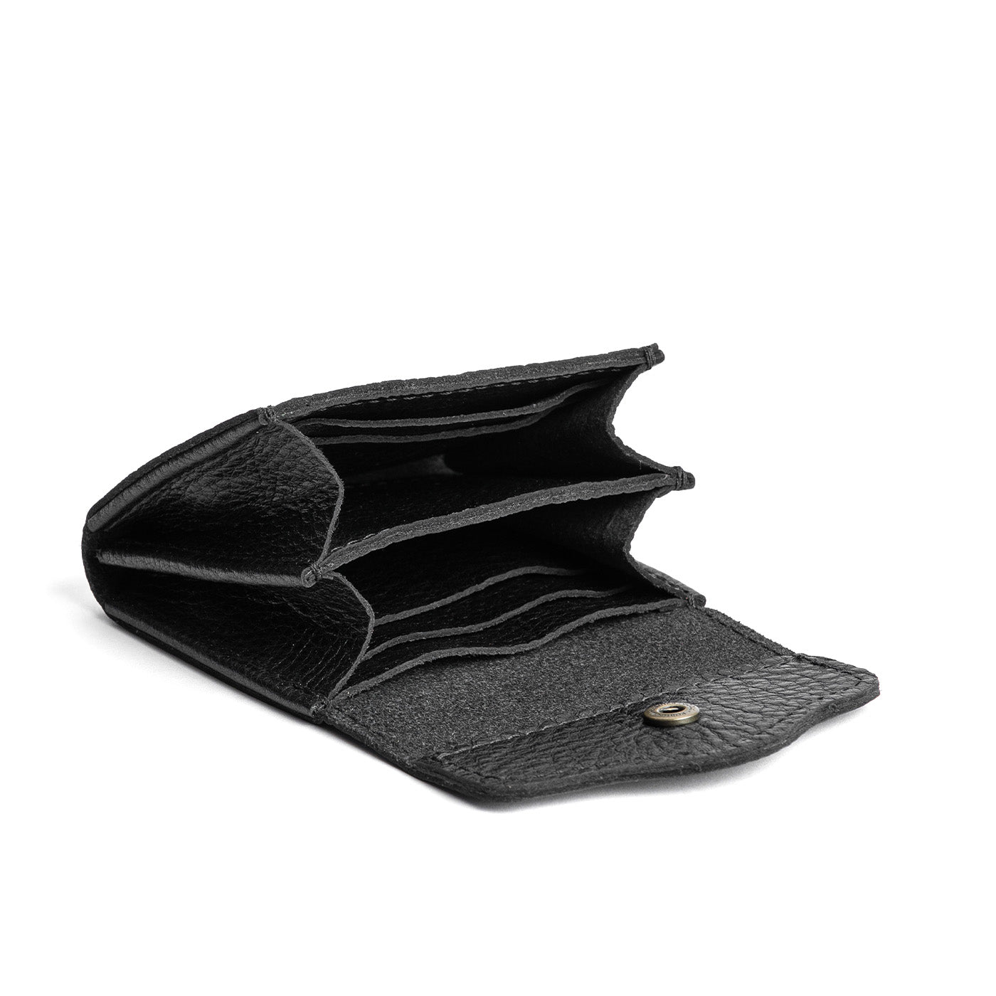 Pebbled--black | Compact leather wallet with snap closure open