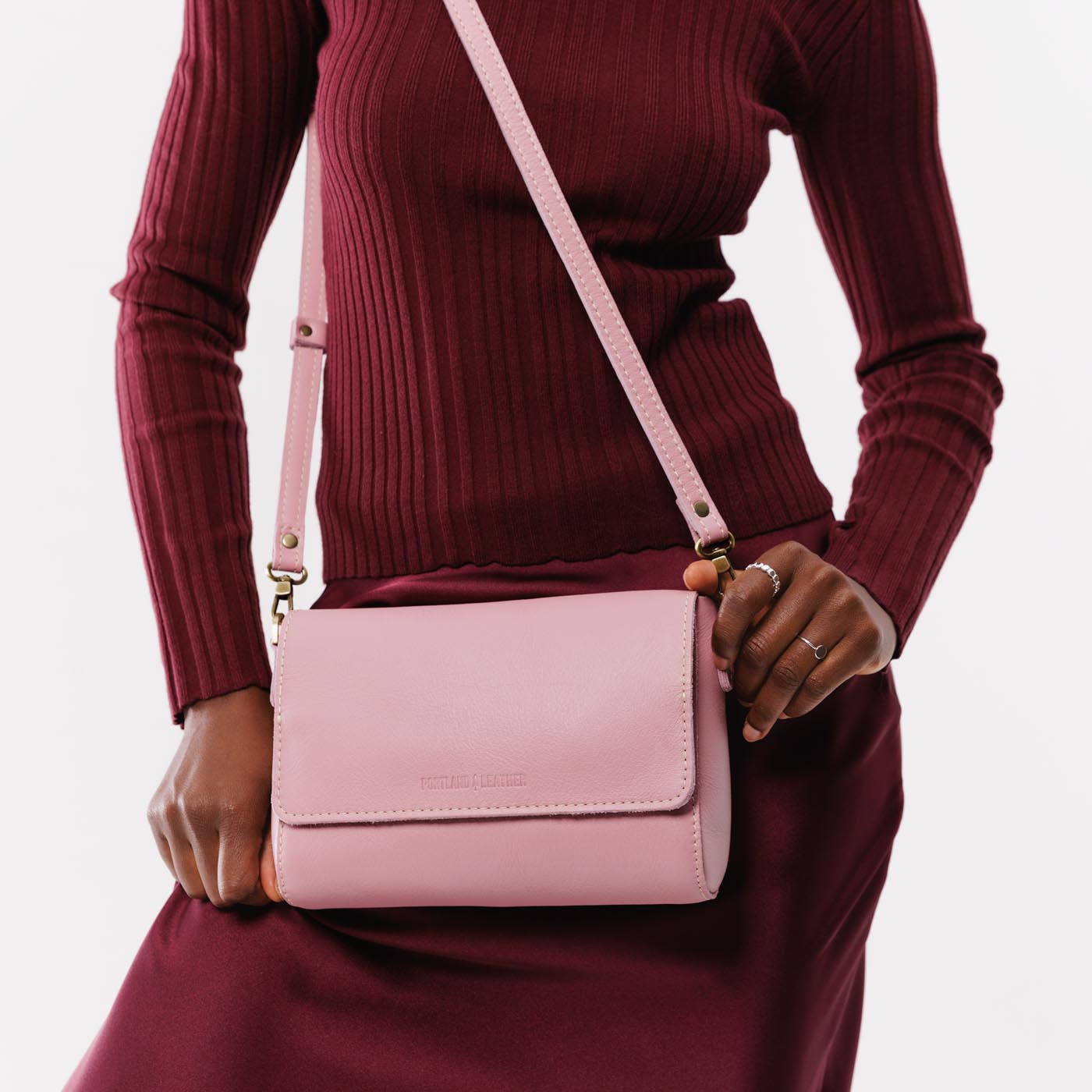 Vintage Pink*Medium | Model Wearing Leather Crossbody Bag with Magnetic Messenger Bag Closure