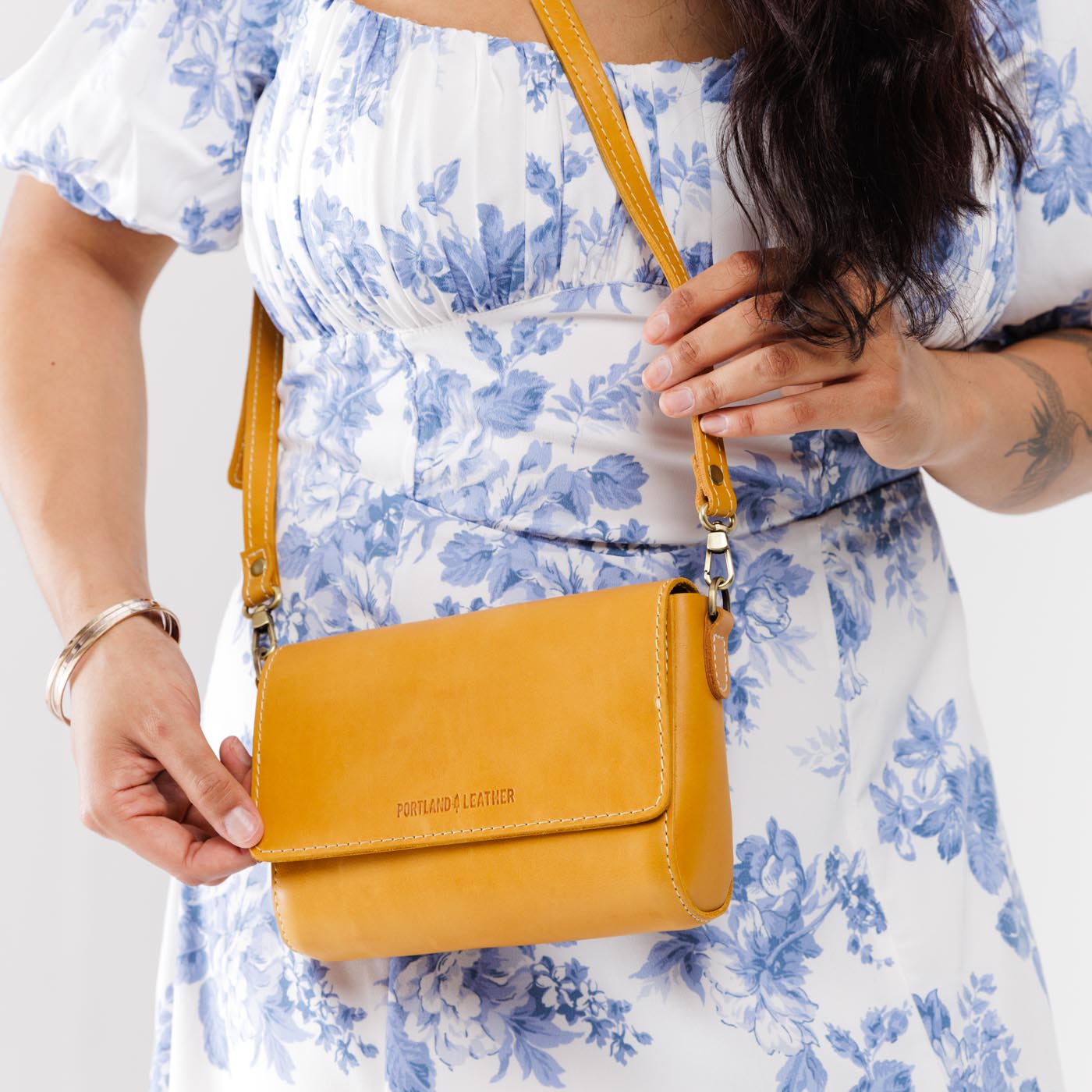 Sunflower Mini | Model Wearing Small Leather Crossbody Bag with Magnetic Messenger Bag Closure