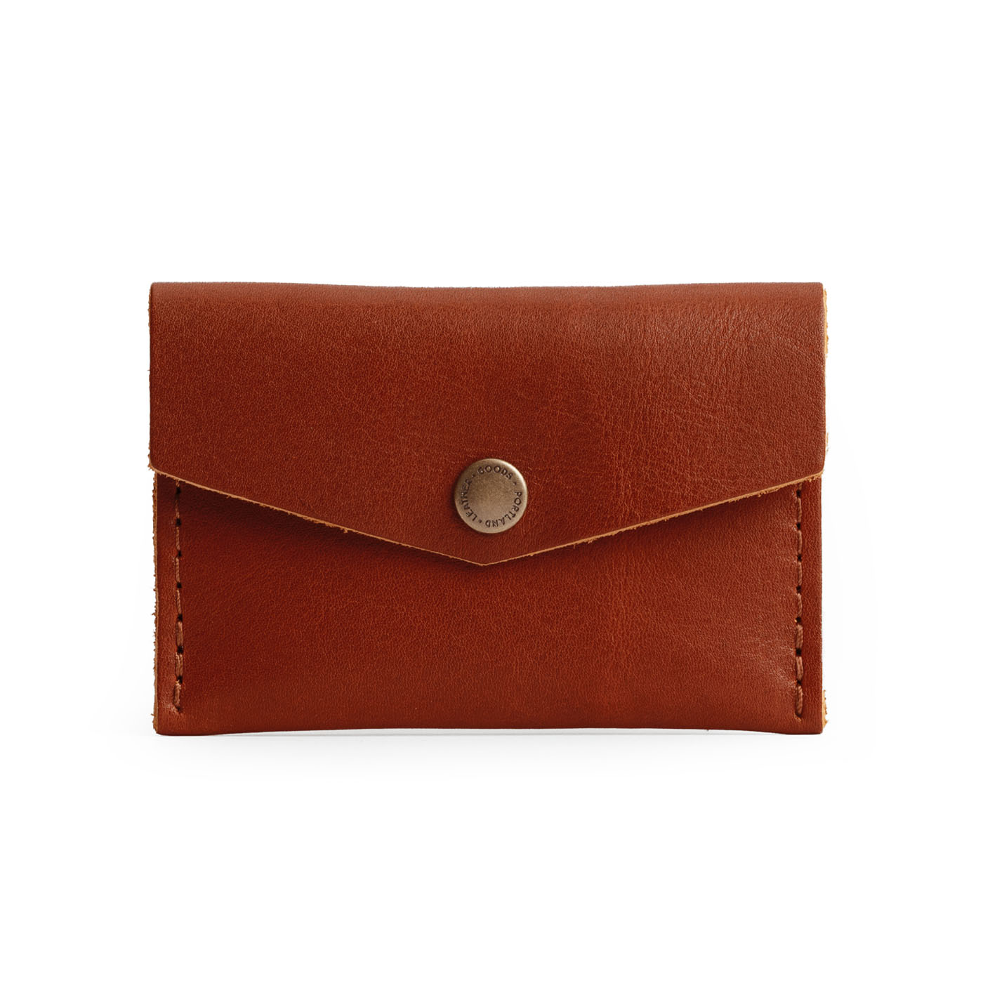 Chestnut | Small leather envelope card wallet with snap closure closed