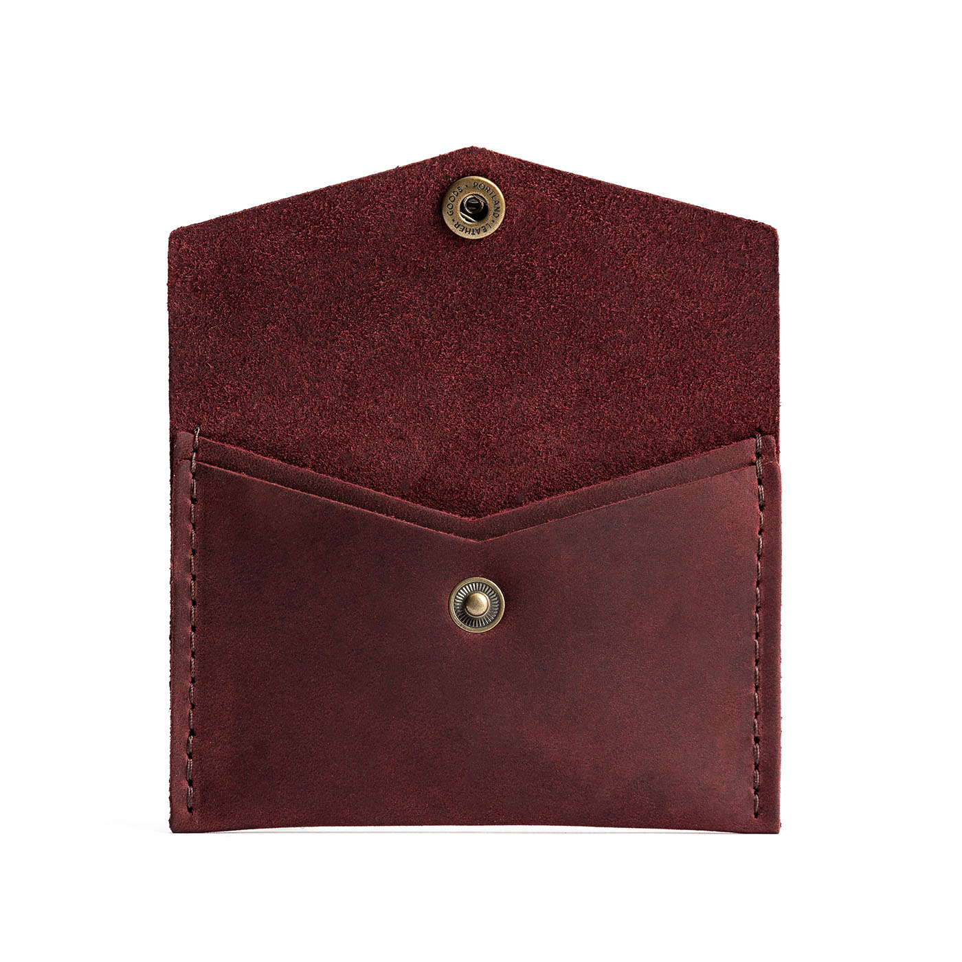 Merlot | Small leather card wallet with snap closure open