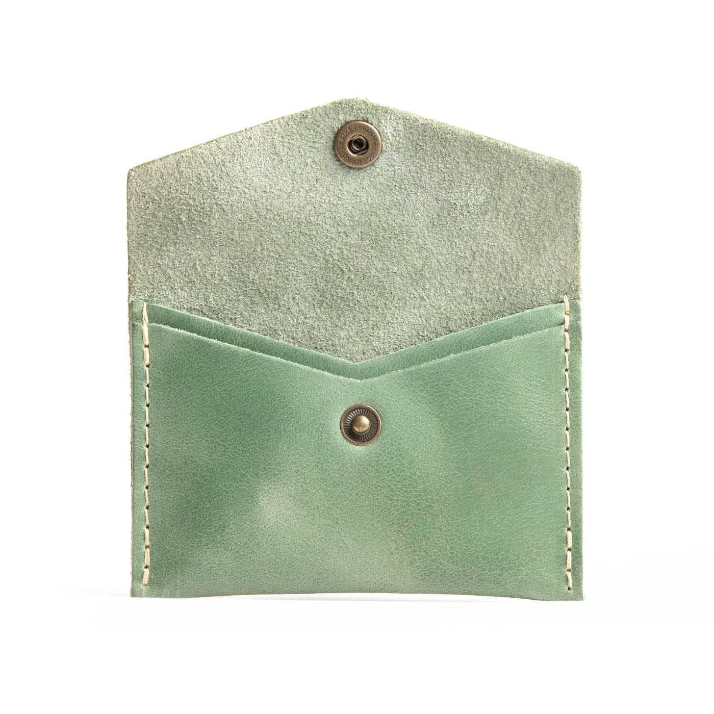 Cucumber | Small leather envelope card wallet with snap closure open