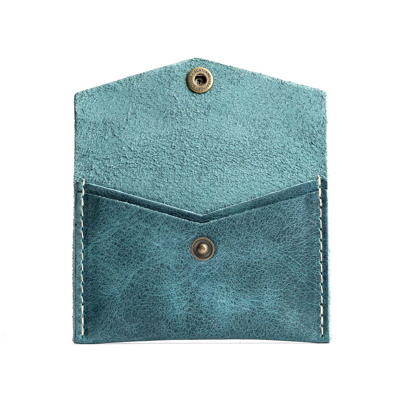 Aqua | Small leather envelope card wallet with snap closure open