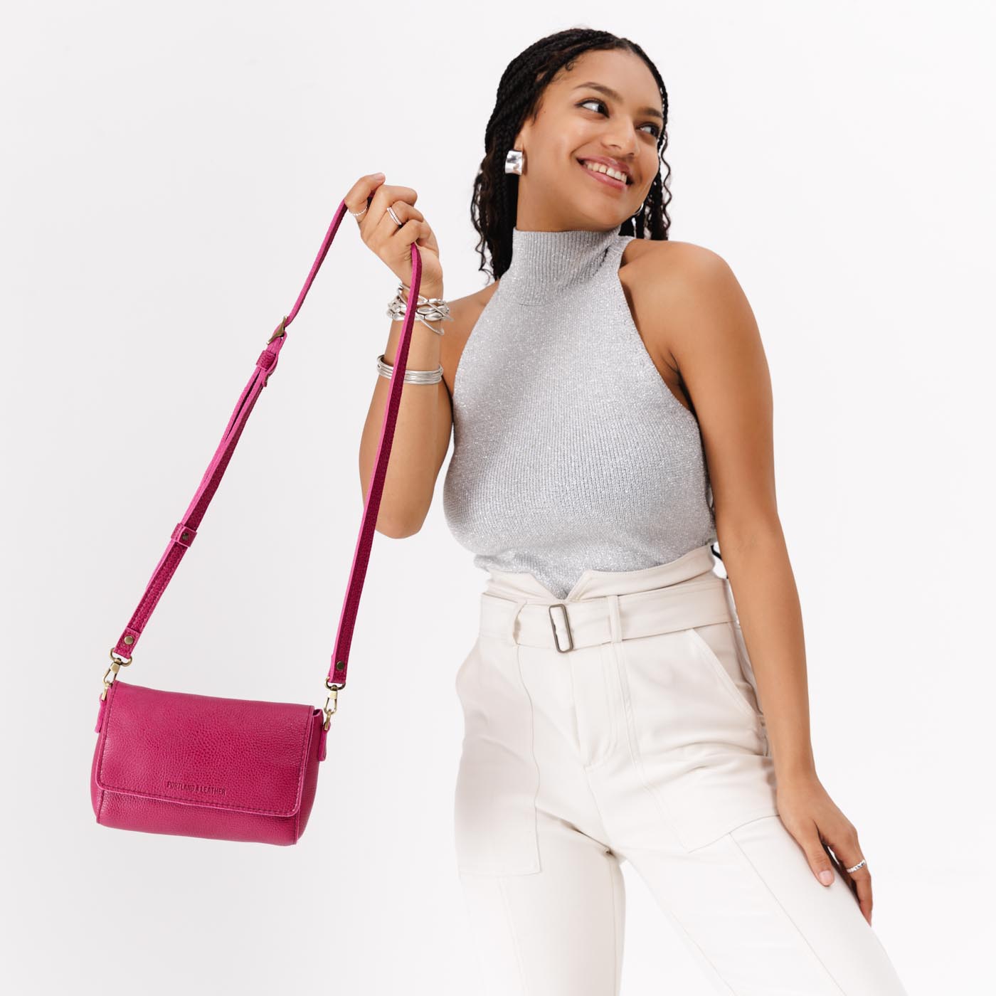 Cosmo Mini | Model Wearing Small Leather Crossbody Bag with Magnetic Messenger Bag Closure