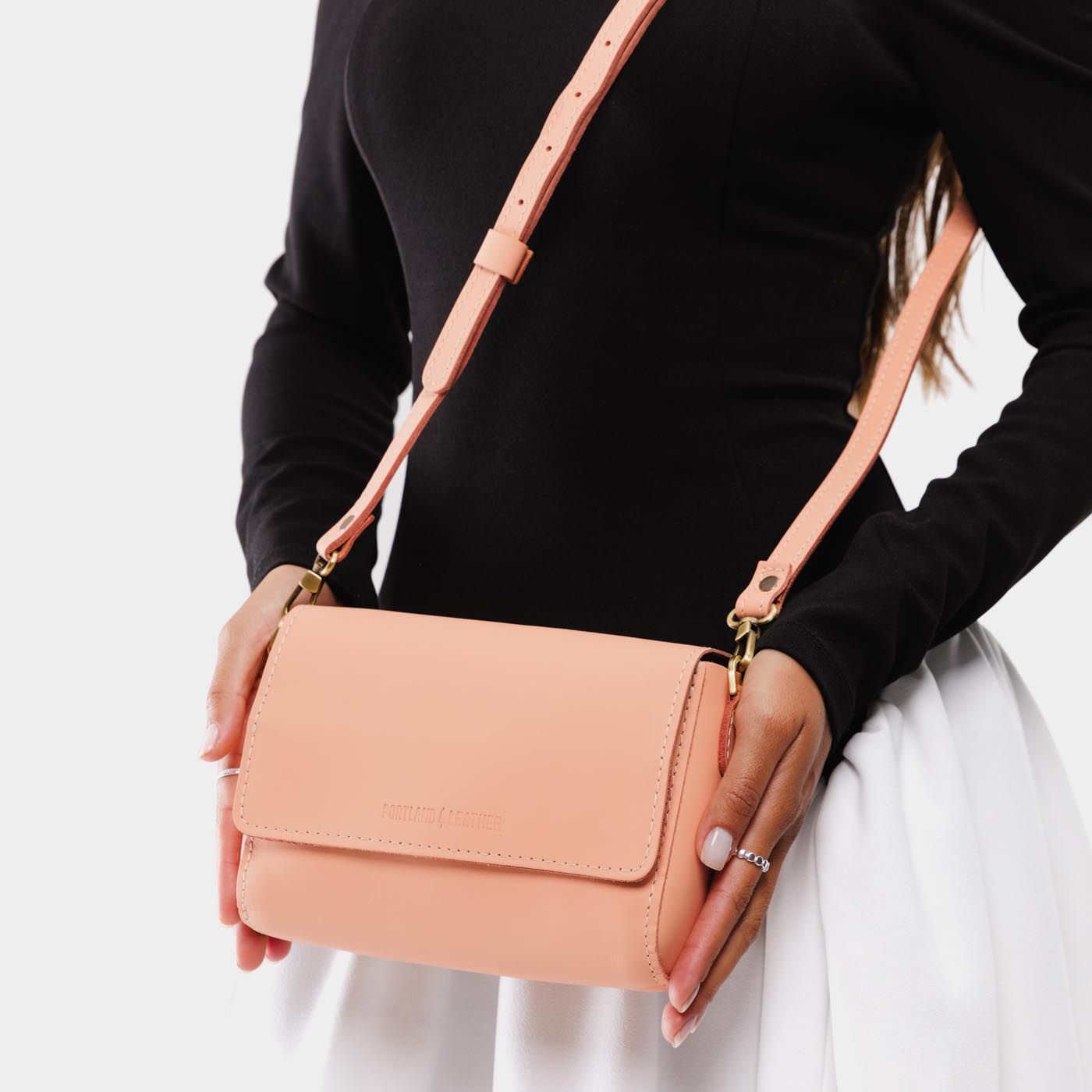 Mamey*Mini | Model Wearing Small Leather Crossbody Bag with Magnetic Messenger Bag Closure