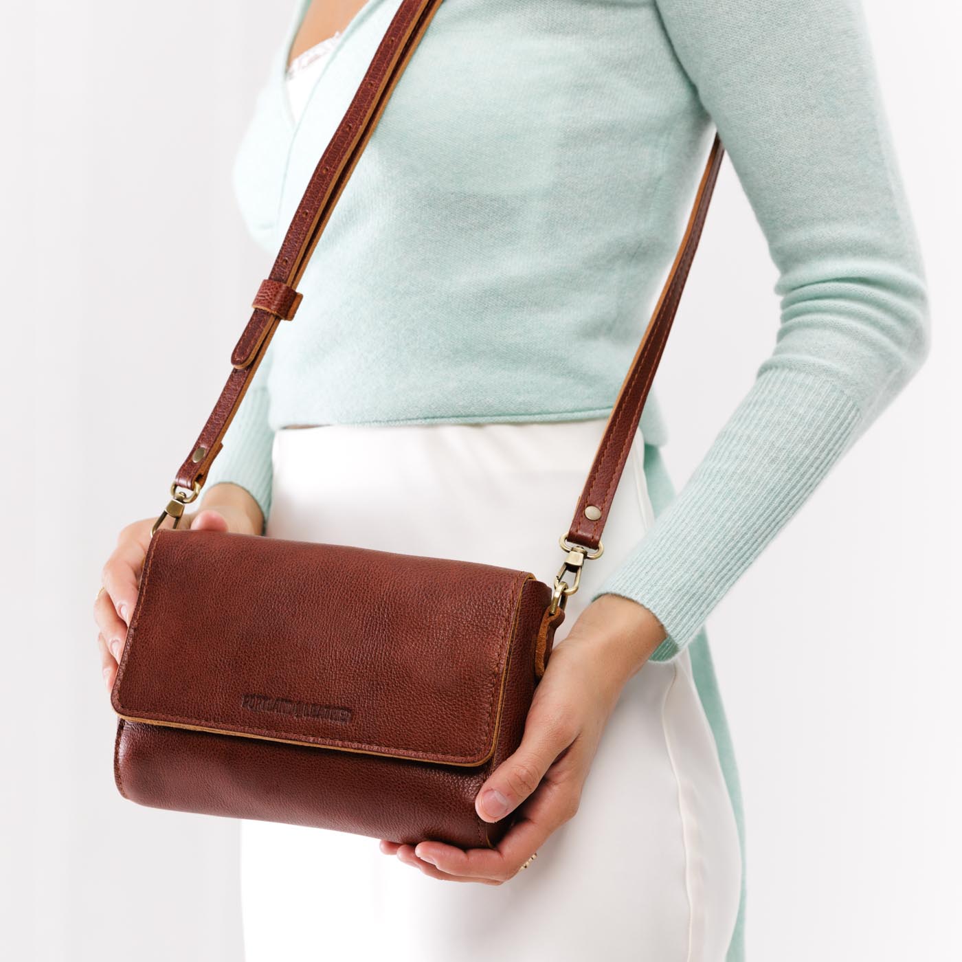 Nutmeg*Mini | Model Wearing Small Leather Crossbody Bag with Magnetic Messenger Bag Closure