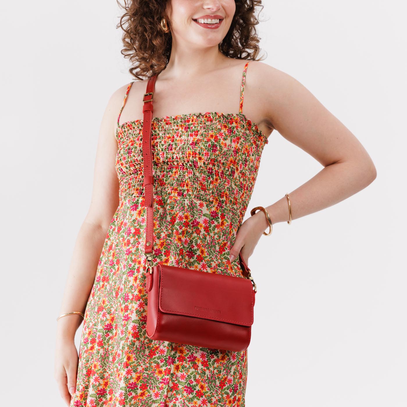 Ruby*Mini | Model Wearing Small Leather Crossbody Bag with Magnetic Messenger Bag Closure