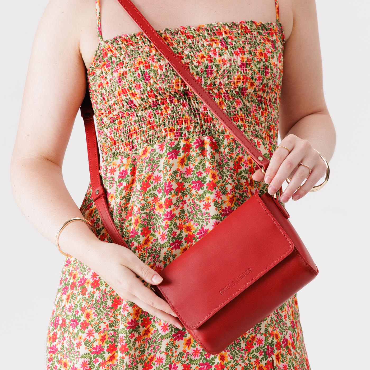 Ruby*Mini | Model Wearing Small Leather Crossbody Bag with Magnetic Messenger Bag Closure