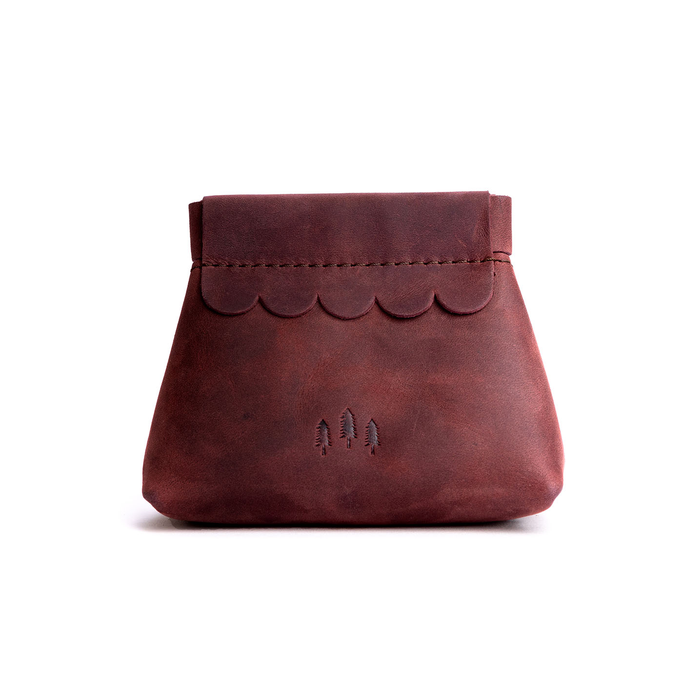 Merlot | Leather coin pouch with scalloped edge and three Portland leather tree emblems